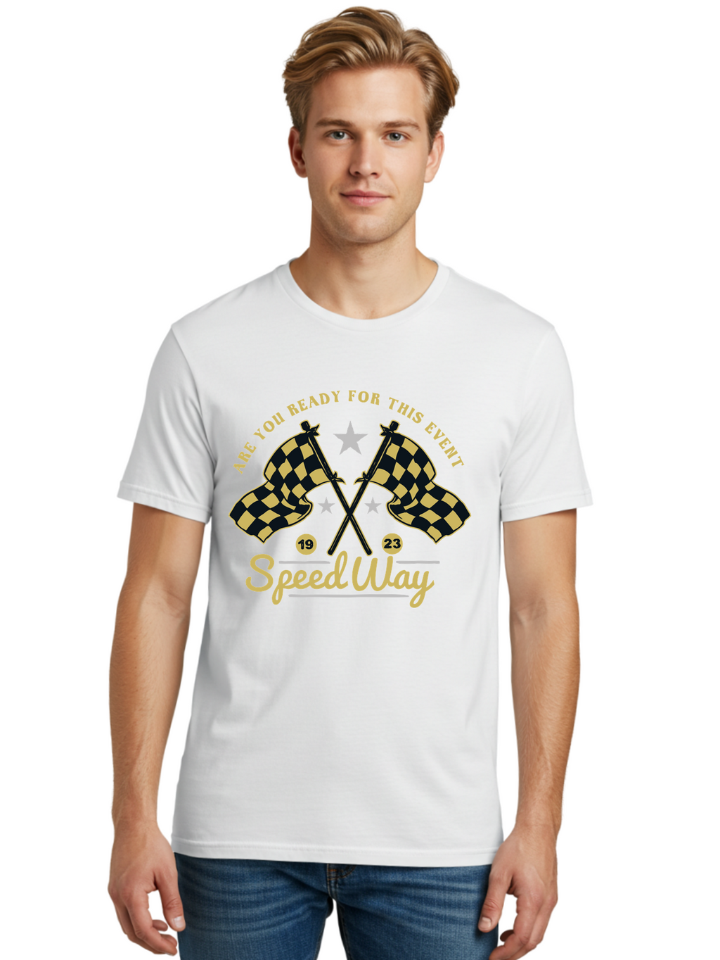 Speedway Men'S Graphic Tee, 100% Cotton, Comfortable Casual Summer Wear, Machine Washable, Racing Flags, Checkered Flags, Speedway Racing, Motorsports Event, Racing Numbers 19 And 23, Are You Ready For This Event, Racing Stars Aae664