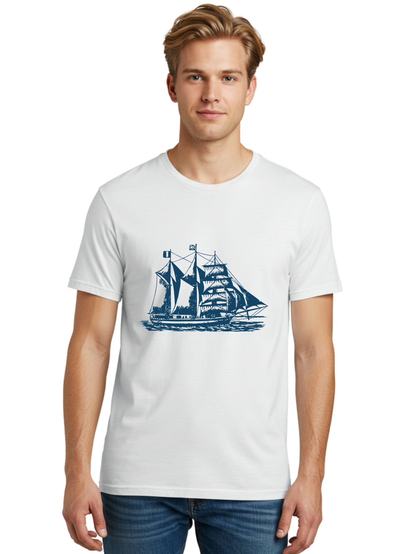 Storm Chaser Men'S Graphic Tee, 100% Cotton, Comfortable Casual Summer Wear, Machine Washable, Sailing Ship, Tall Sailing Vessel, Classic Maritime Icon, Vintage Nautical Theme, Majestic Oceanic Scene, Historical Sailing Rig, Aae674