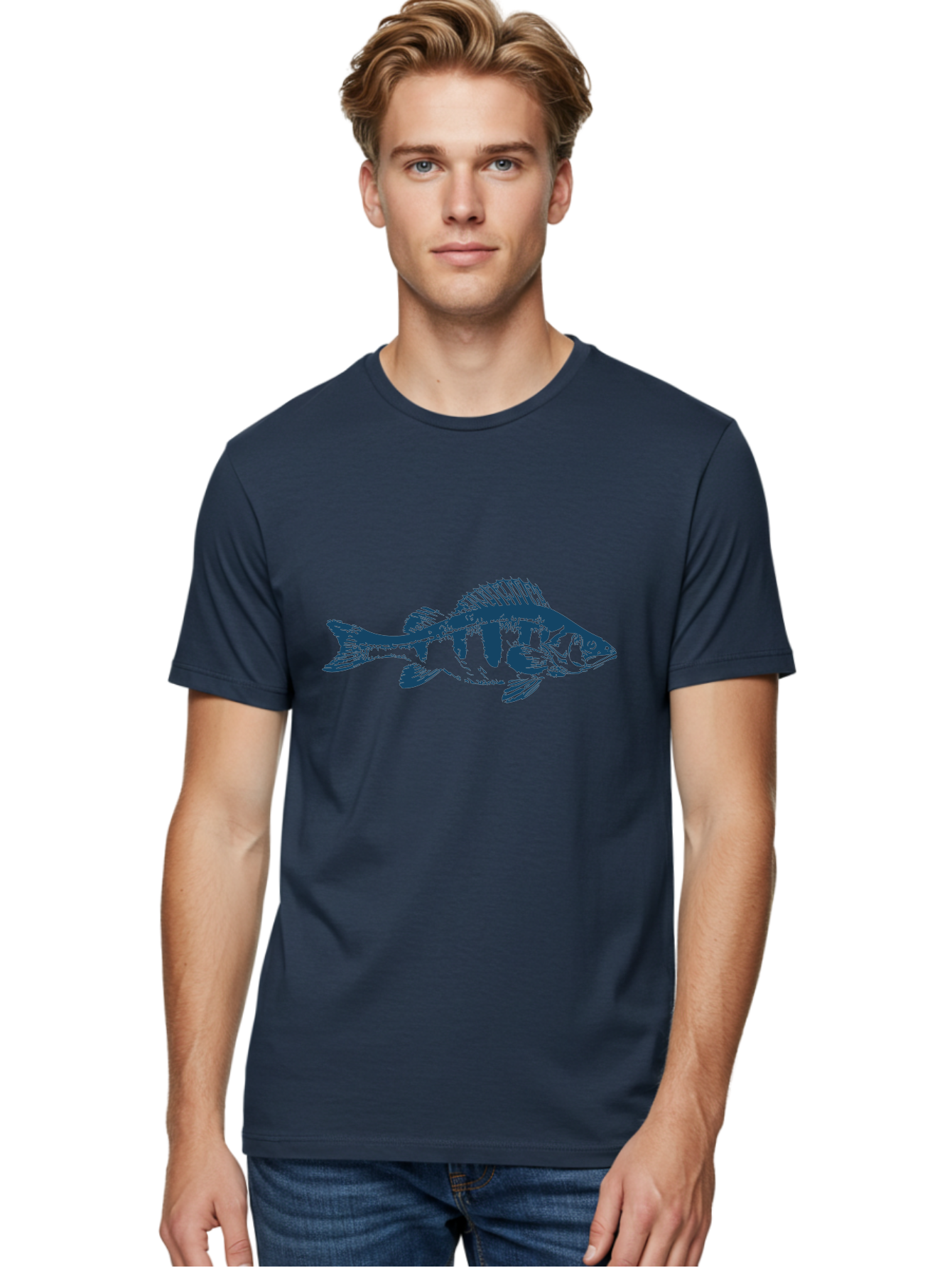 Strikefin Fish Men'S Graphic Tee, 100% Cotton, Comfortable Casual Summer Wear, Machine Washable, Bass Fish Illustration, Line Art, Aquatic Life, Water Sports, Freshwater Fish, Fishing, Monochrome Art, Simple Design, Minimalist, Wildlife Art Aae675