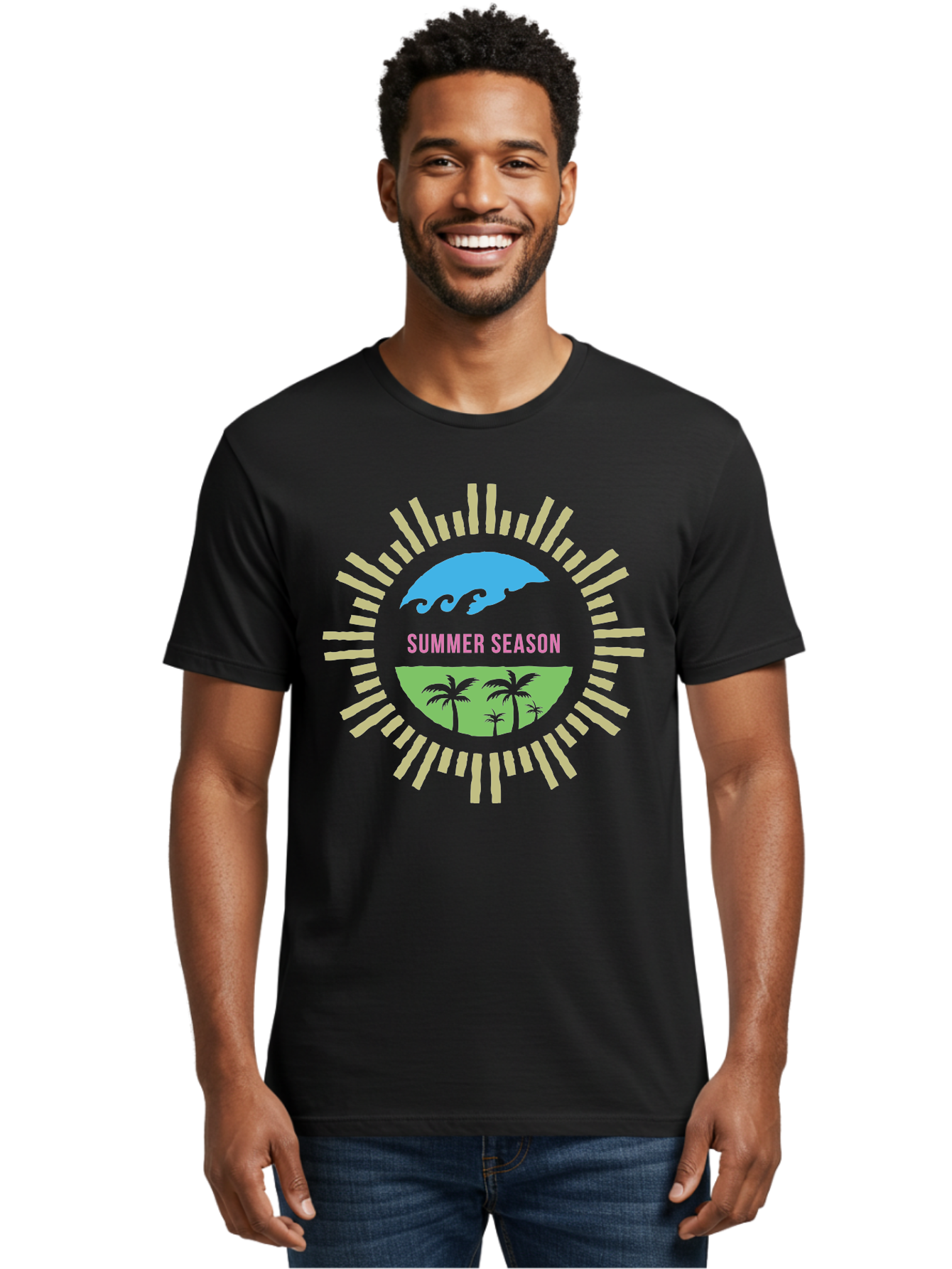 Summer Season Men'S Graphic Tee, 100% Cotton, Comfortable Casual Summer Wear, Machine Washable, Summer Vacation, Tropical Getaway, Ocean Waves, Palm Trees, Sun Symbol, Warm Weather, Beach Scene, Seasonal Theme, Sunny Days, Summer Fun Aae676