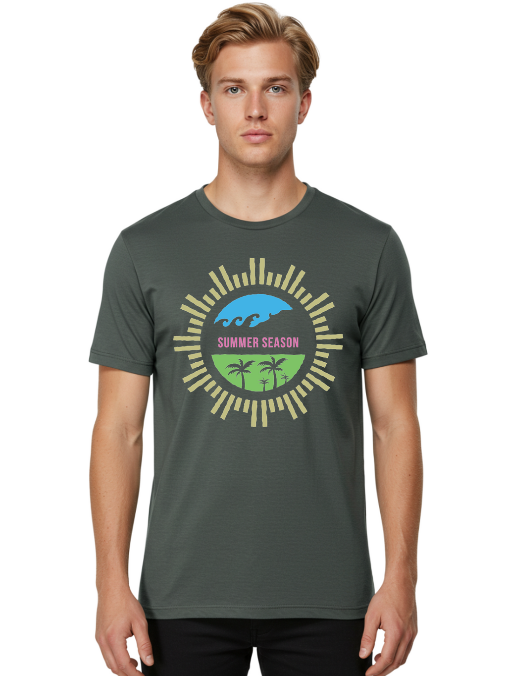 Summer Season Men'S Graphic Tee, 100% Cotton, Comfortable Casual Summer Wear, Machine Washable, Summer Vacation, Tropical Getaway, Ocean Waves, Palm Trees, Sun Symbol, Warm Weather, Beach Scene, Seasonal Theme, Sunny Days, Summer Fun Aae676
