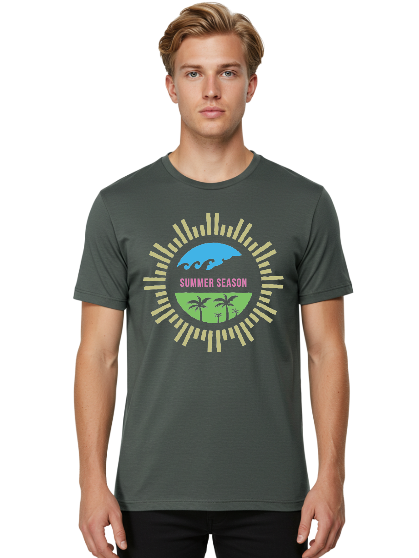 Summer Season Men'S Graphic Tee, 100% Cotton, Comfortable Casual Summer Wear, Machine Washable, Summer Vacation, Tropical Getaway, Ocean Waves, Palm Trees, Sun Symbol, Warm Weather, Beach Scene, Seasonal Theme, Sunny Days, Summer Fun Aae676