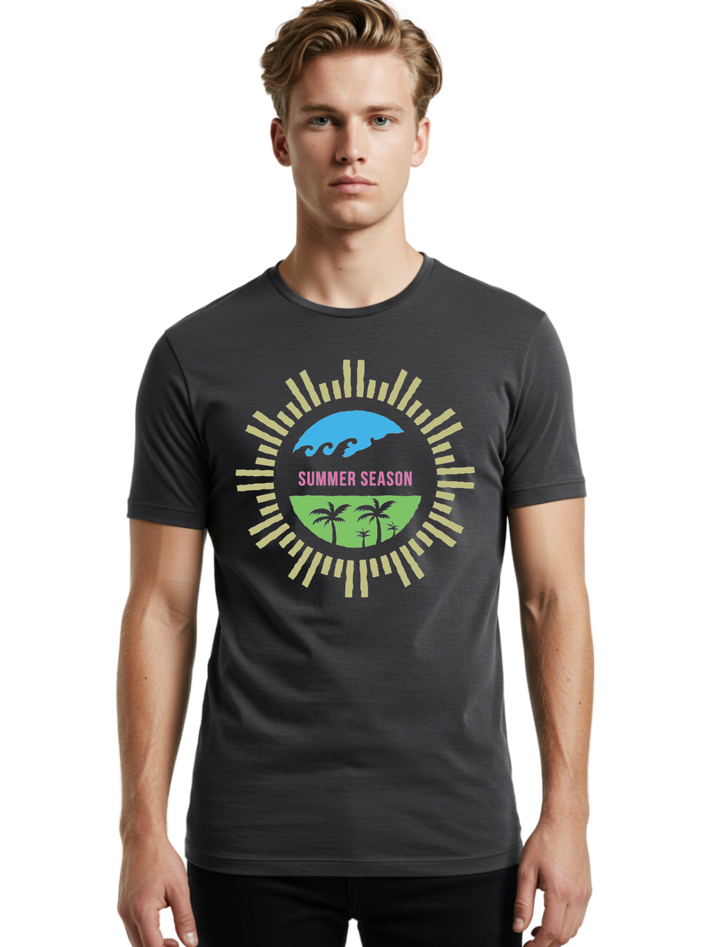 Summer Season Men'S Graphic Tee, 100% Cotton, Comfortable Casual Summer Wear, Machine Washable, Summer Vacation, Tropical Getaway, Ocean Waves, Palm Trees, Sun Symbol, Warm Weather, Beach Scene, Seasonal Theme, Sunny Days, Summer Fun Aae676