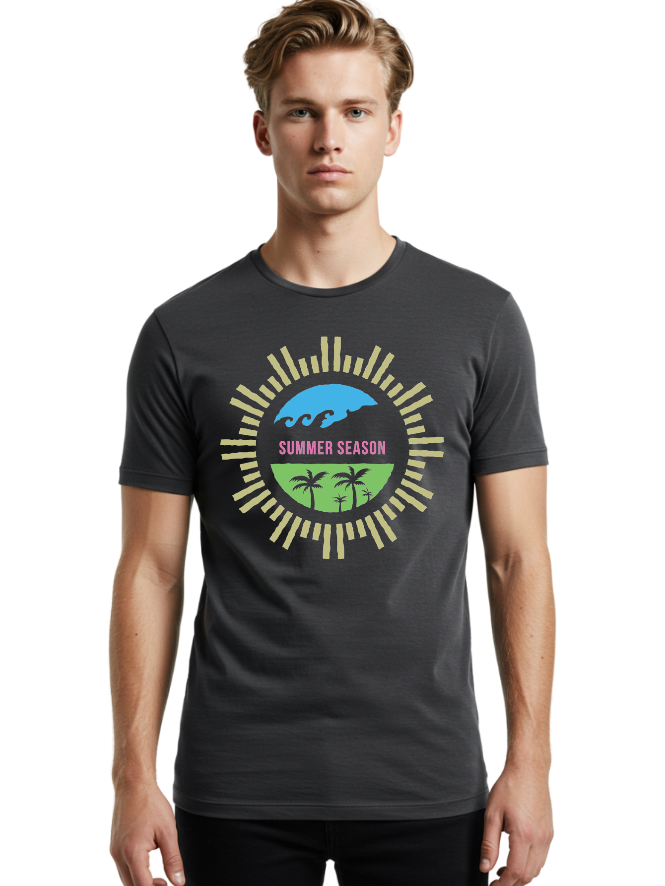 Summer Season Men'S Graphic Tee, 100% Cotton, Comfortable Casual Summer Wear, Machine Washable, Summer Vacation, Tropical Getaway, Ocean Waves, Palm Trees, Sun Symbol, Warm Weather, Beach Scene, Seasonal Theme, Sunny Days, Summer Fun Aae676