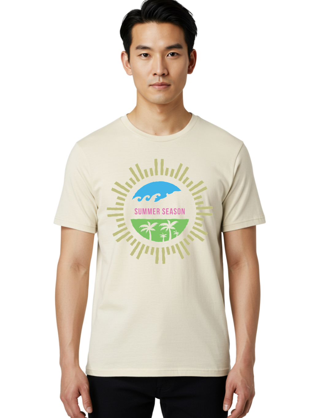 Summer Season Men'S Graphic Tee, 100% Cotton, Comfortable Casual Summer Wear, Machine Washable, Summer Vacation, Tropical Getaway, Ocean Waves, Palm Trees, Sun Symbol, Warm Weather, Beach Scene, Seasonal Theme, Sunny Days, Summer Fun Aae676