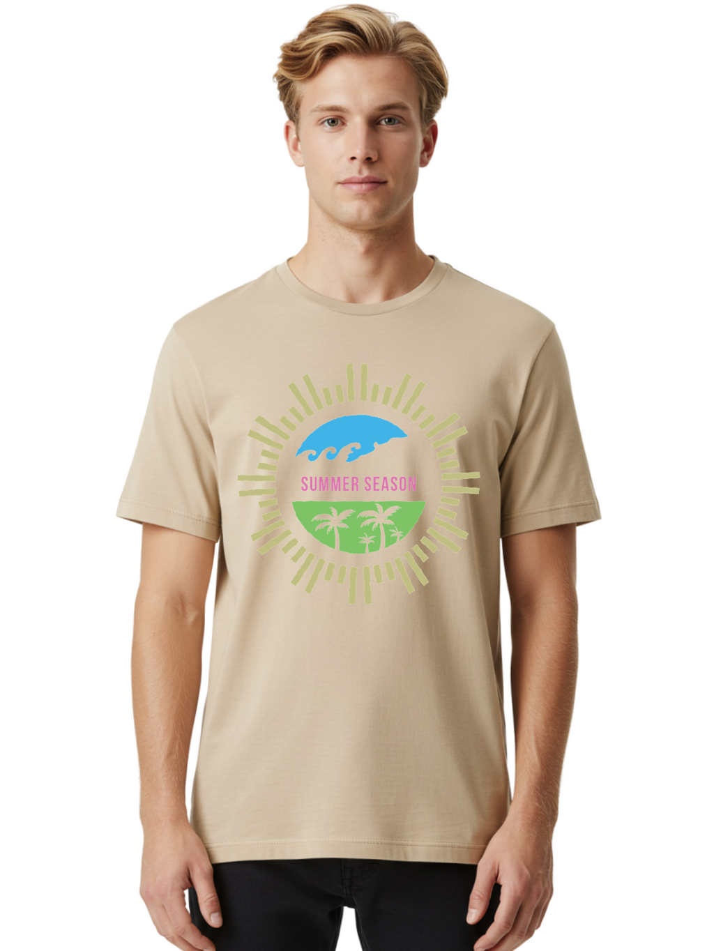 Summer Season Men'S Graphic Tee, 100% Cotton, Comfortable Casual Summer Wear, Machine Washable, Summer Vacation, Tropical Getaway, Ocean Waves, Palm Trees, Sun Symbol, Warm Weather, Beach Scene, Seasonal Theme, Sunny Days, Summer Fun Aae676