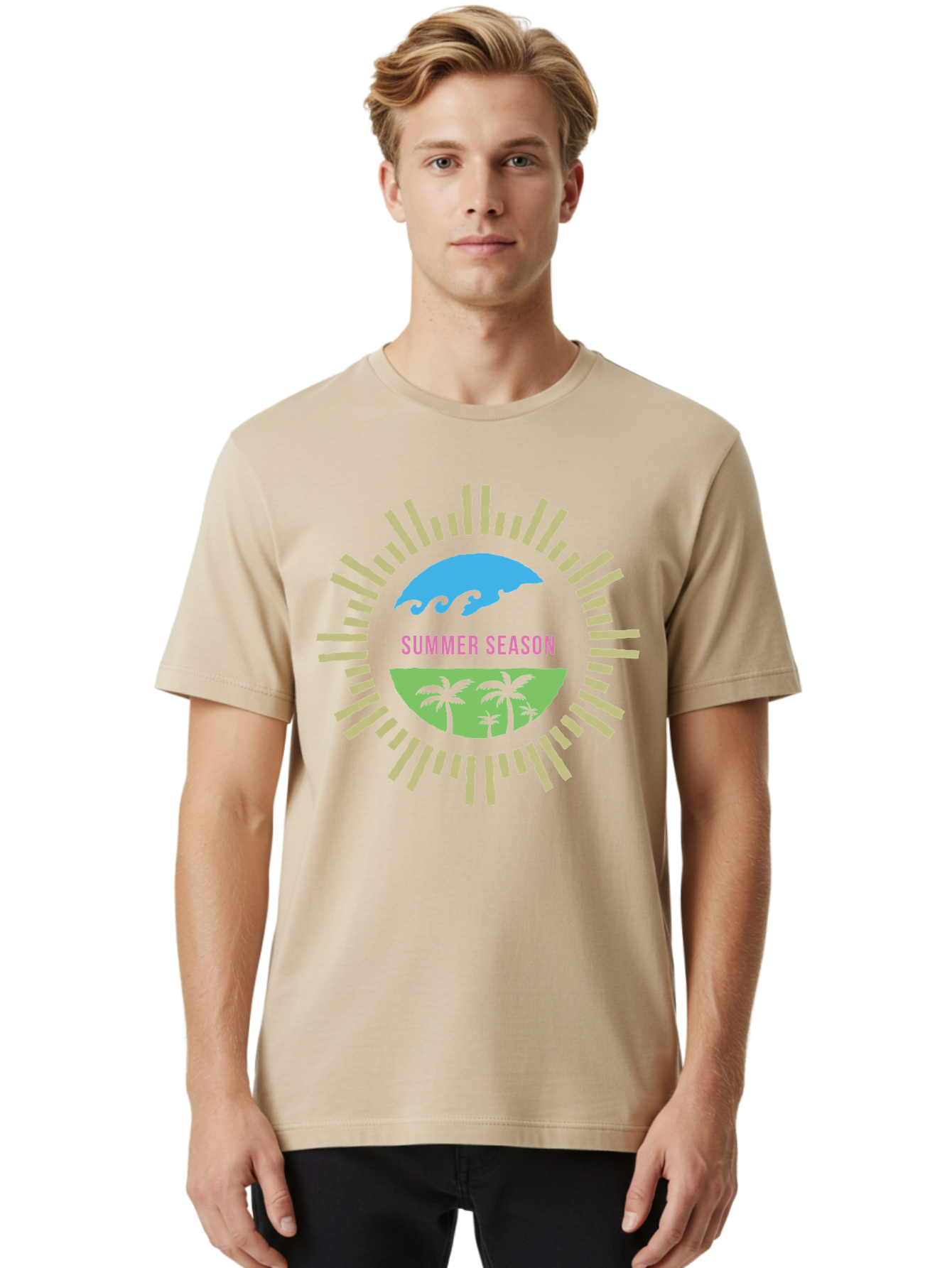 Summer Season Men'S Graphic Tee, 100% Cotton, Comfortable Casual Summer Wear, Machine Washable, Summer Vacation, Tropical Getaway, Ocean Waves, Palm Trees, Sun Symbol, Warm Weather, Beach Scene, Seasonal Theme, Sunny Days, Summer Fun Aae676