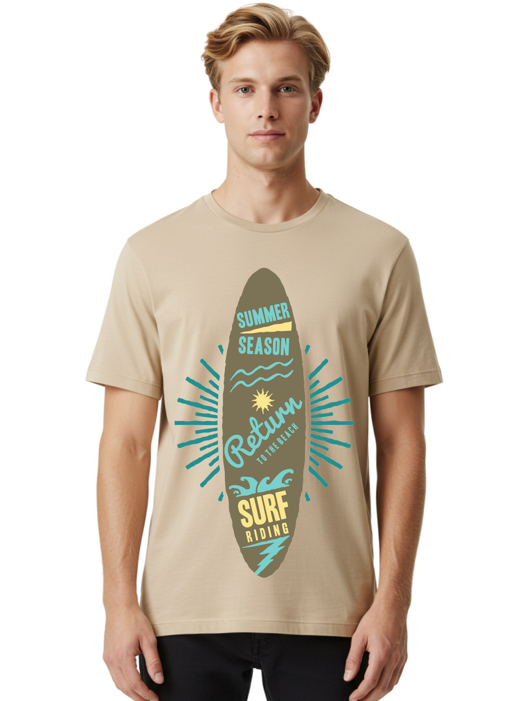 Surf Riding Men'S Graphic Tee, 100% Cotton, Comfortable Casual Summer Wear, Machine Washable, Surfing Graphics, Beach Vibes, Summer Season, Surf Riding, Retro Design, Sun Symbol, Wavy Lines, Surfing Culture, Coastal Lifestyle, Summer Fun Aae677