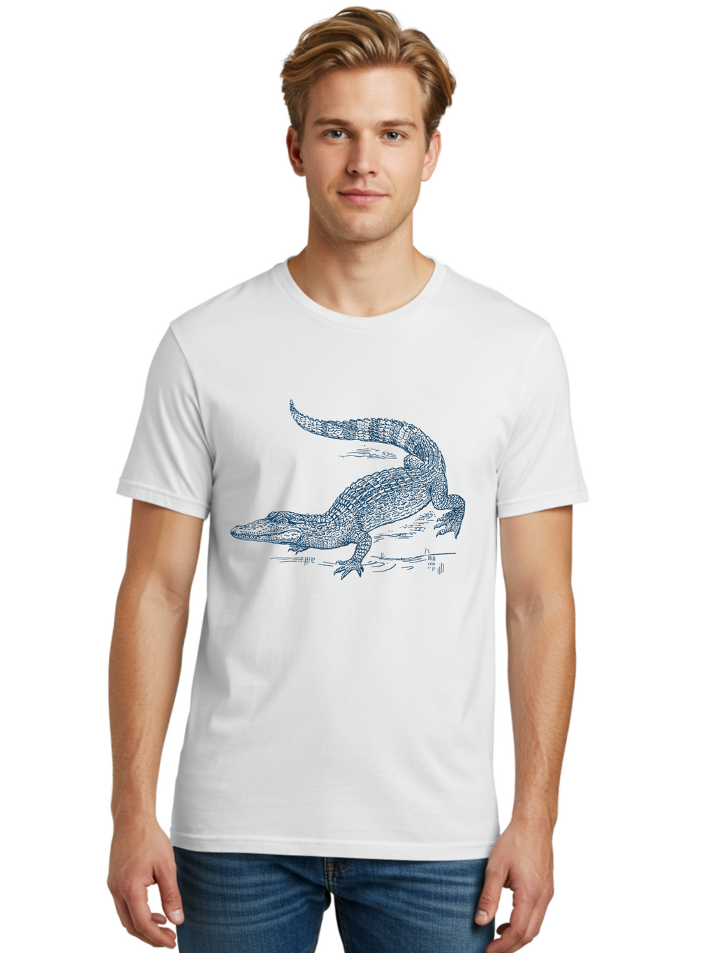 Swamp King Crocodile Men'S Graphic Tee, 100% Cotton, Comfortable Casual Summer Wear, Machine Washable, Reptile, Wildlife, Predatory Animal, Scaly Skin, Sharp Teeth, Aggressive Stance, Powerful Jaws, Wild Creature, Fierce Look, Aae678
