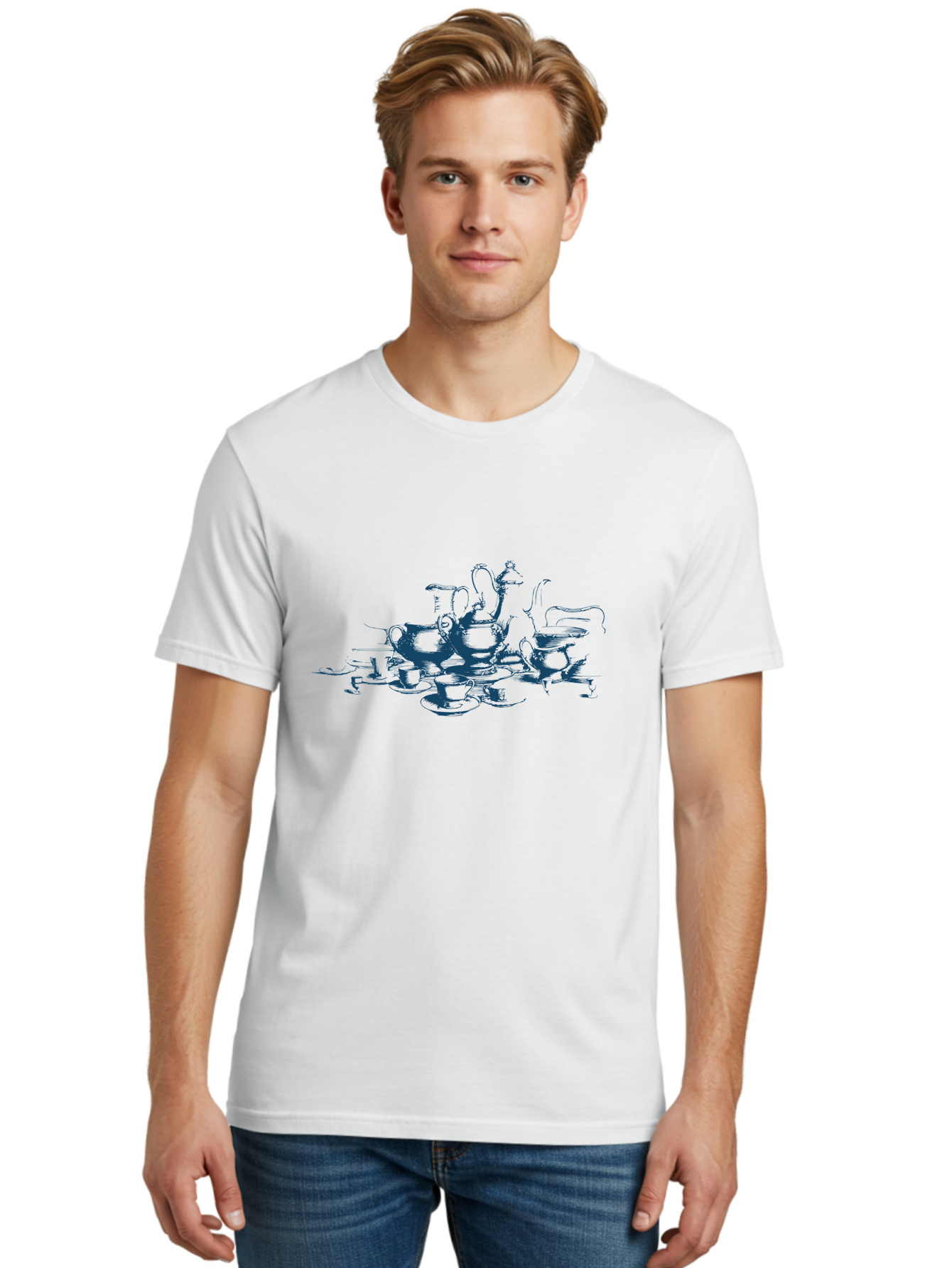 Tea Table Men'S Graphic Tee, 100% Cotton, Comfortable Casual Summer Wear, Machine Washable, Teacups, Saucers, Teapot, Coffee Pot, Tableware, Whimsical Illustration, Fantasy Art, Surrealism, Creative Design Aae682