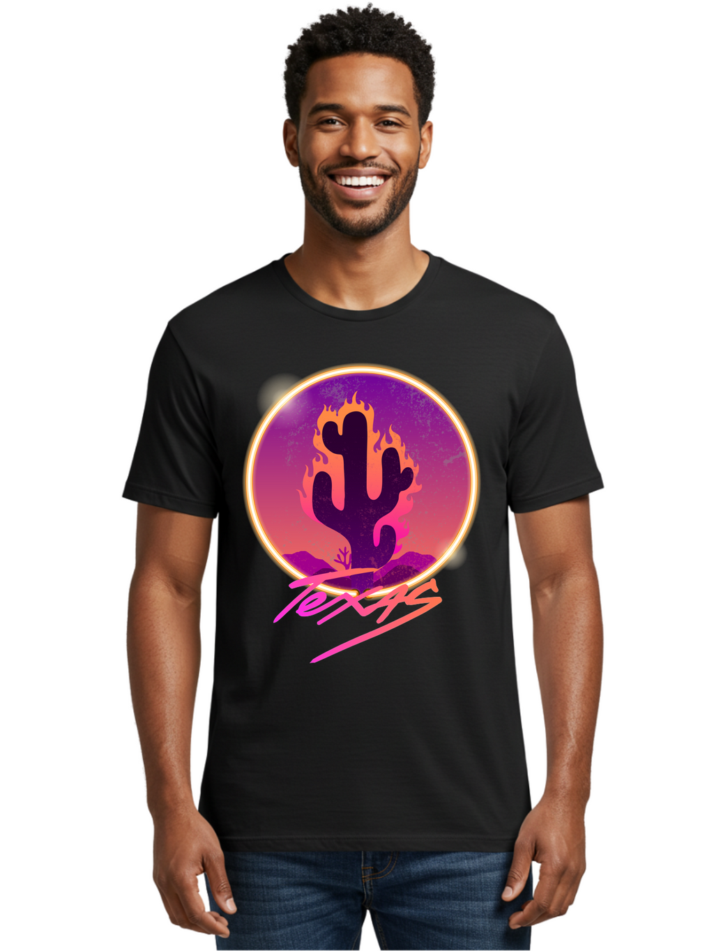 Texas Men'S Graphic Tee, 100% Cotton, Comfortable Casual Summer Wear, Machine Washable, Cactus On Fire, Fiery Desert Landscape, Purple And Orange Gradient, Glowing Effect, Neon Light, Landscape Design, Western Theme, Desert Scenery Aae688
