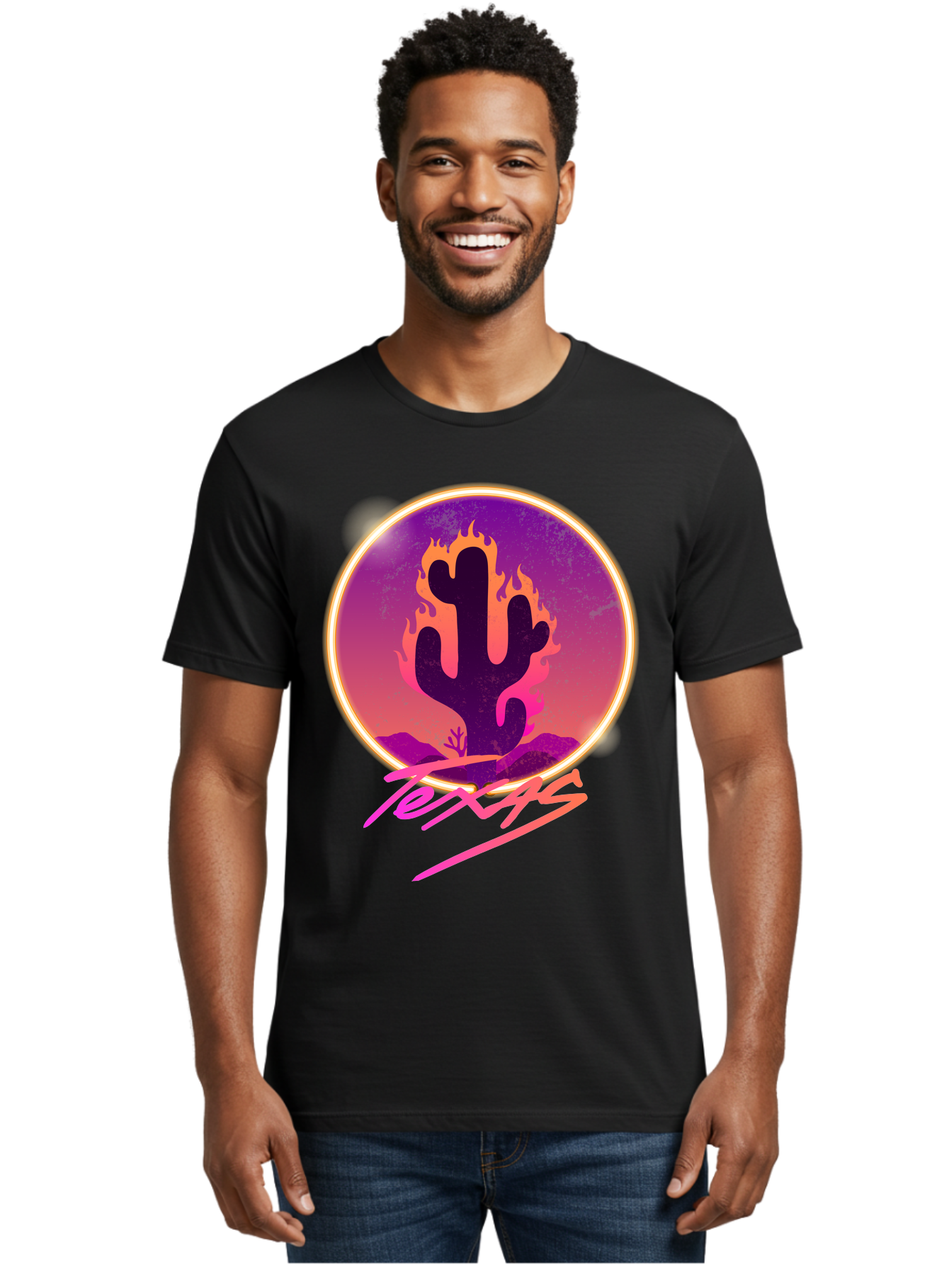 Texas Men'S Graphic Tee, 100% Cotton, Comfortable Casual Summer Wear, Machine Washable, Cactus On Fire, Fiery Desert Landscape, Purple And Orange Gradient, Glowing Effect, Neon Light, Landscape Design, Western Theme, Desert Scenery Aae688