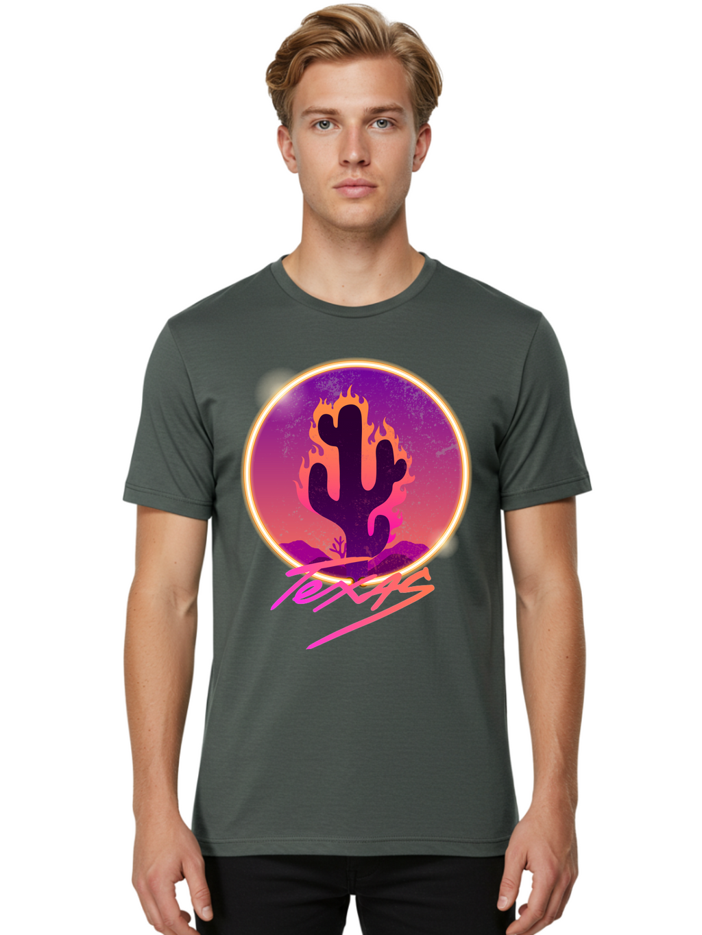 Texas Men'S Graphic Tee, 100% Cotton, Comfortable Casual Summer Wear, Machine Washable, Cactus On Fire, Fiery Desert Landscape, Purple And Orange Gradient, Glowing Effect, Neon Light, Landscape Design, Western Theme, Desert Scenery Aae688