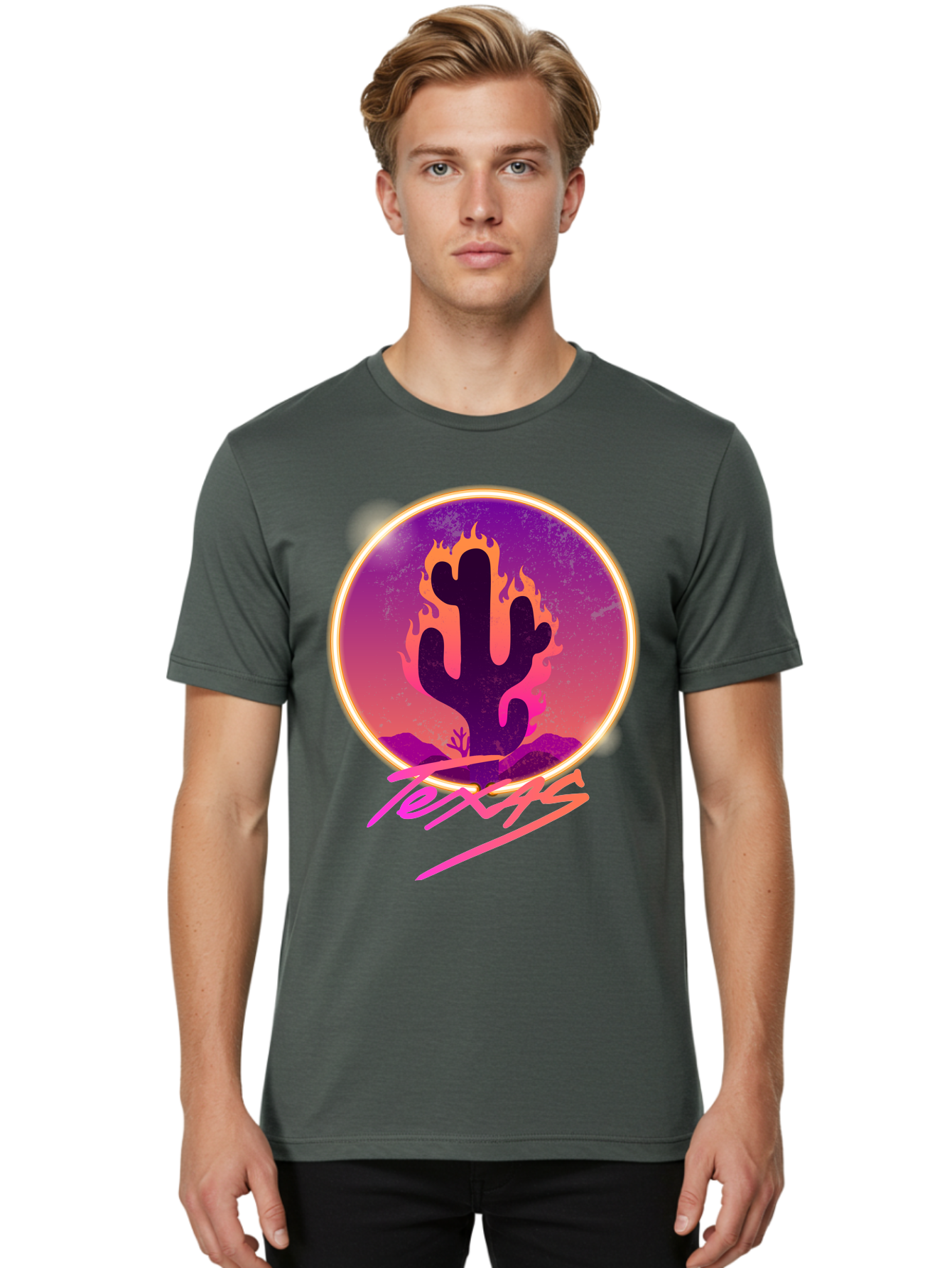 Texas Men'S Graphic Tee, 100% Cotton, Comfortable Casual Summer Wear, Machine Washable, Cactus On Fire, Fiery Desert Landscape, Purple And Orange Gradient, Glowing Effect, Neon Light, Landscape Design, Western Theme, Desert Scenery Aae688