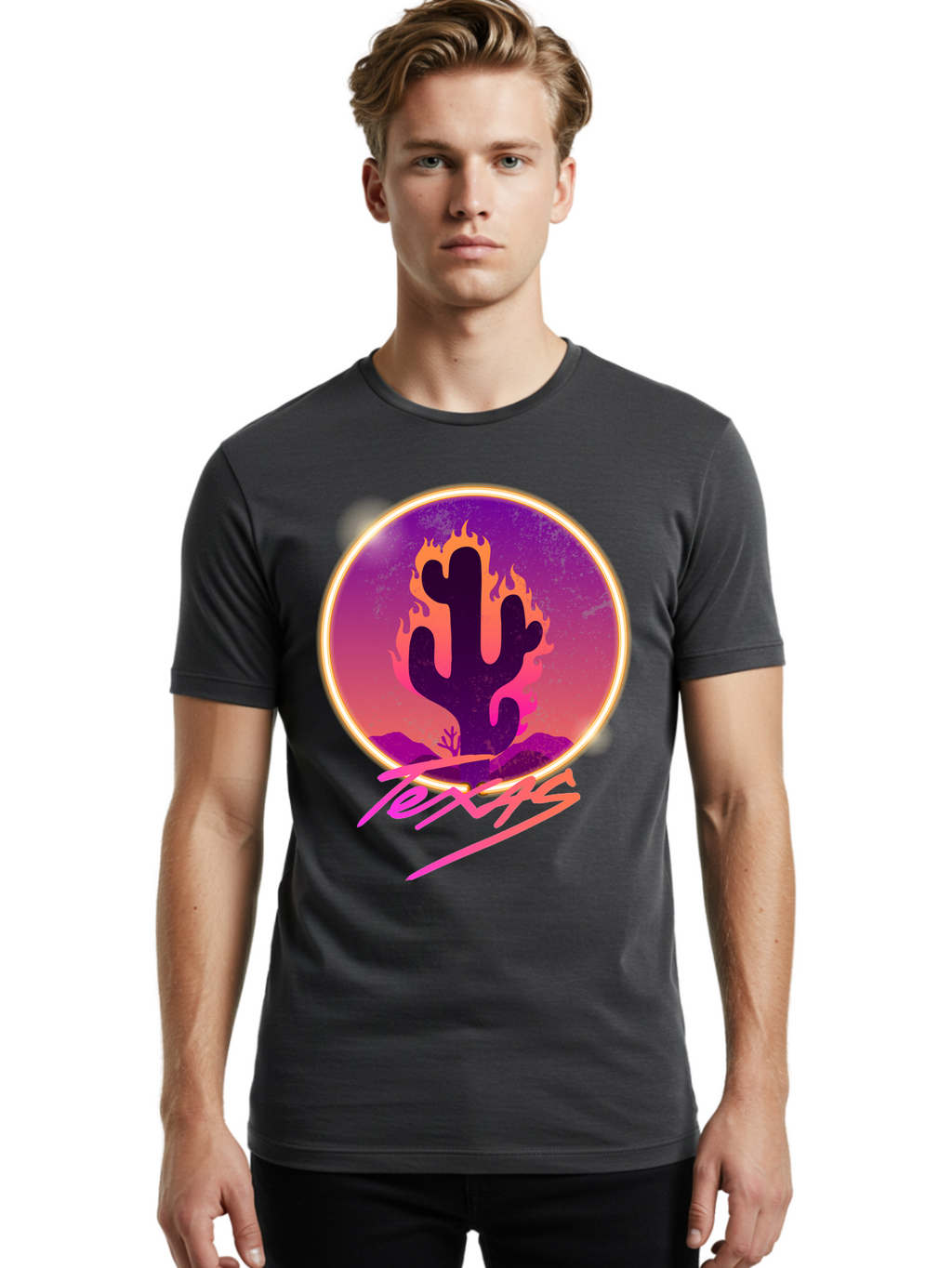 Texas Men'S Graphic Tee, 100% Cotton, Comfortable Casual Summer Wear, Machine Washable, Cactus On Fire, Fiery Desert Landscape, Purple And Orange Gradient, Glowing Effect, Neon Light, Landscape Design, Western Theme, Desert Scenery Aae688