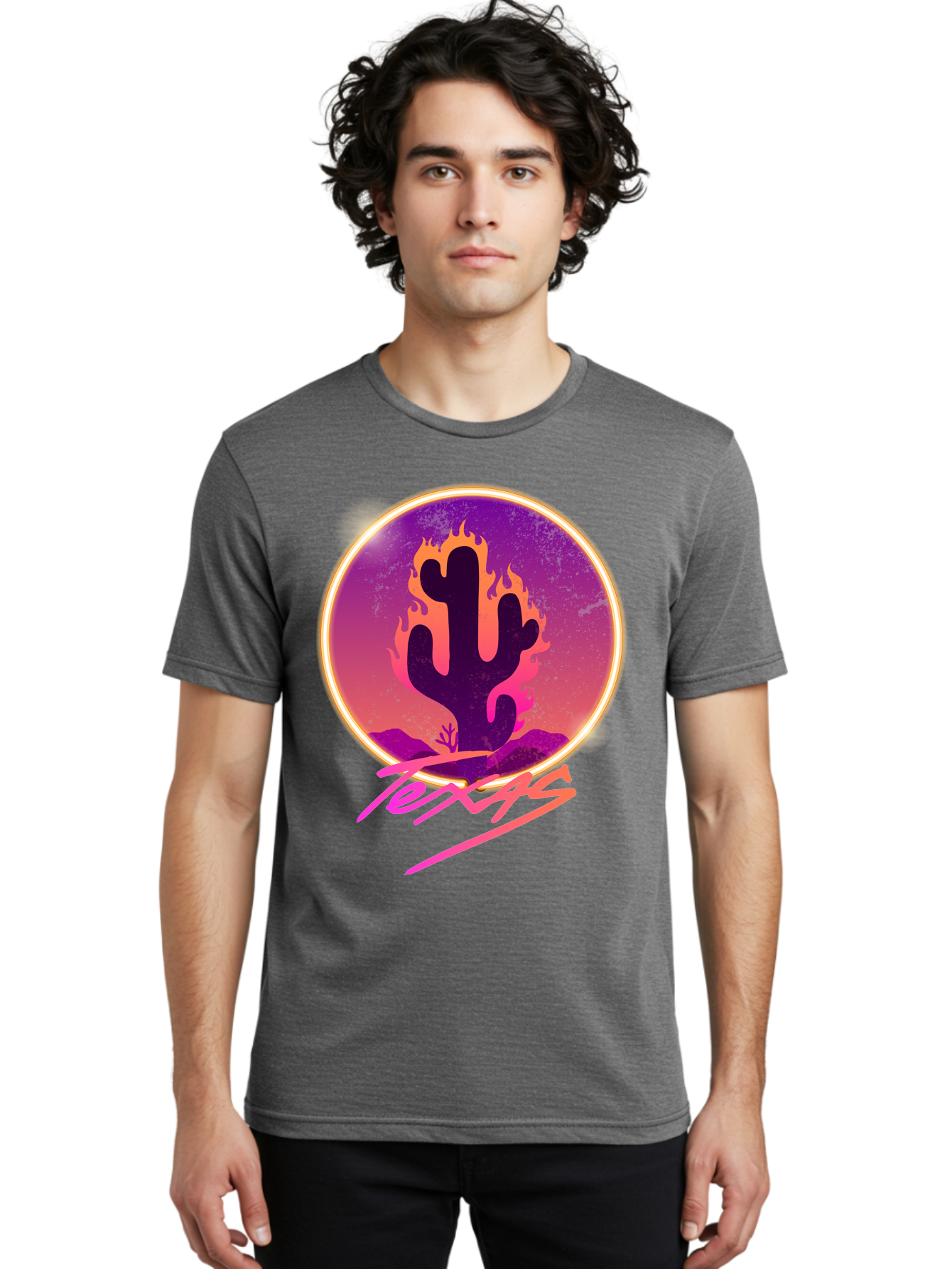 Texas Men'S Graphic Tee, 100% Cotton, Comfortable Casual Summer Wear, Machine Washable, Cactus On Fire, Fiery Desert Landscape, Purple And Orange Gradient, Glowing Effect, Neon Light, Landscape Design, Western Theme, Desert Scenery Aae688