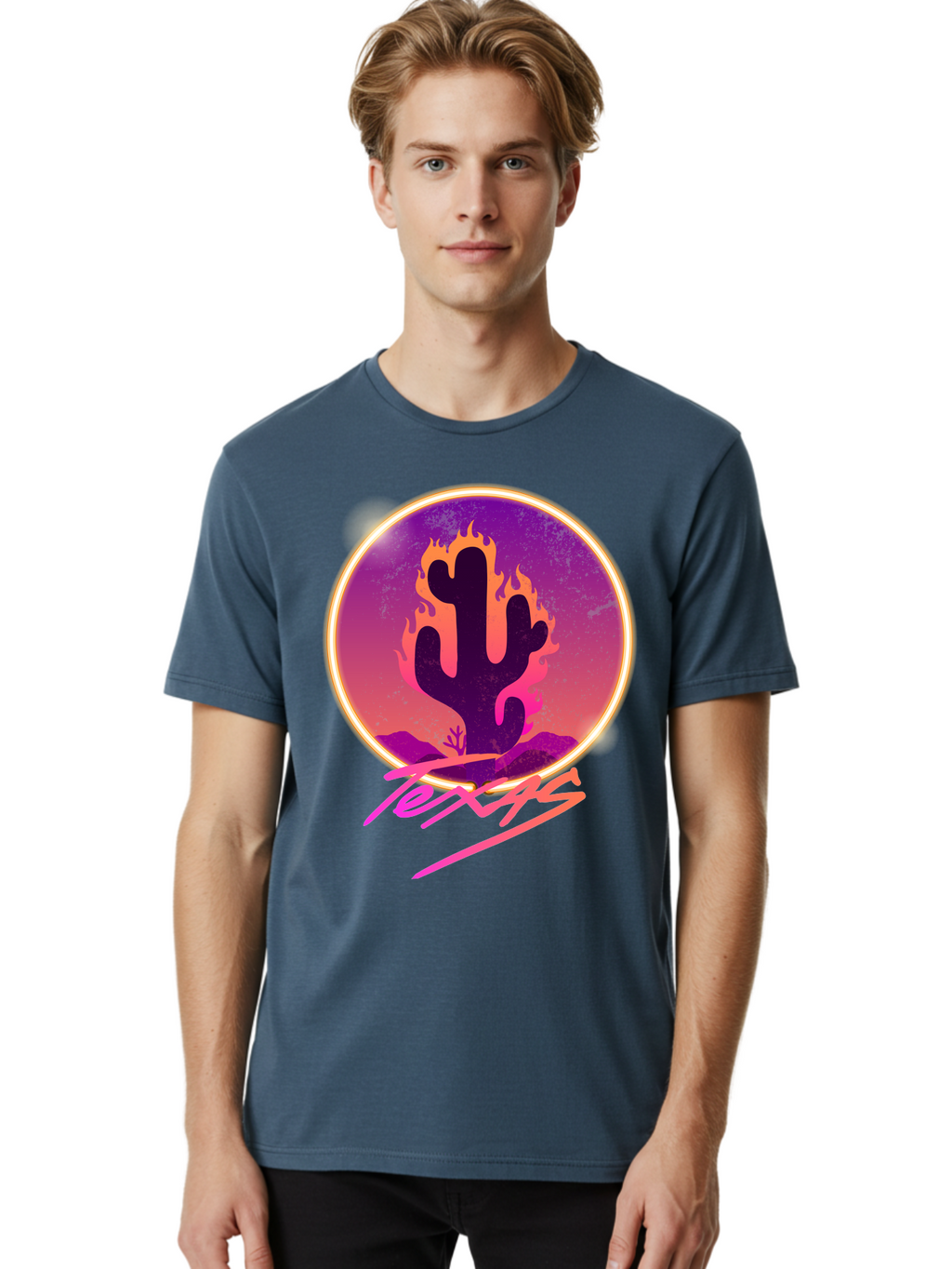 Texas Men'S Graphic Tee, 100% Cotton, Comfortable Casual Summer Wear, Machine Washable, Cactus On Fire, Fiery Desert Landscape, Purple And Orange Gradient, Glowing Effect, Neon Light, Landscape Design, Western Theme, Desert Scenery Aae688
