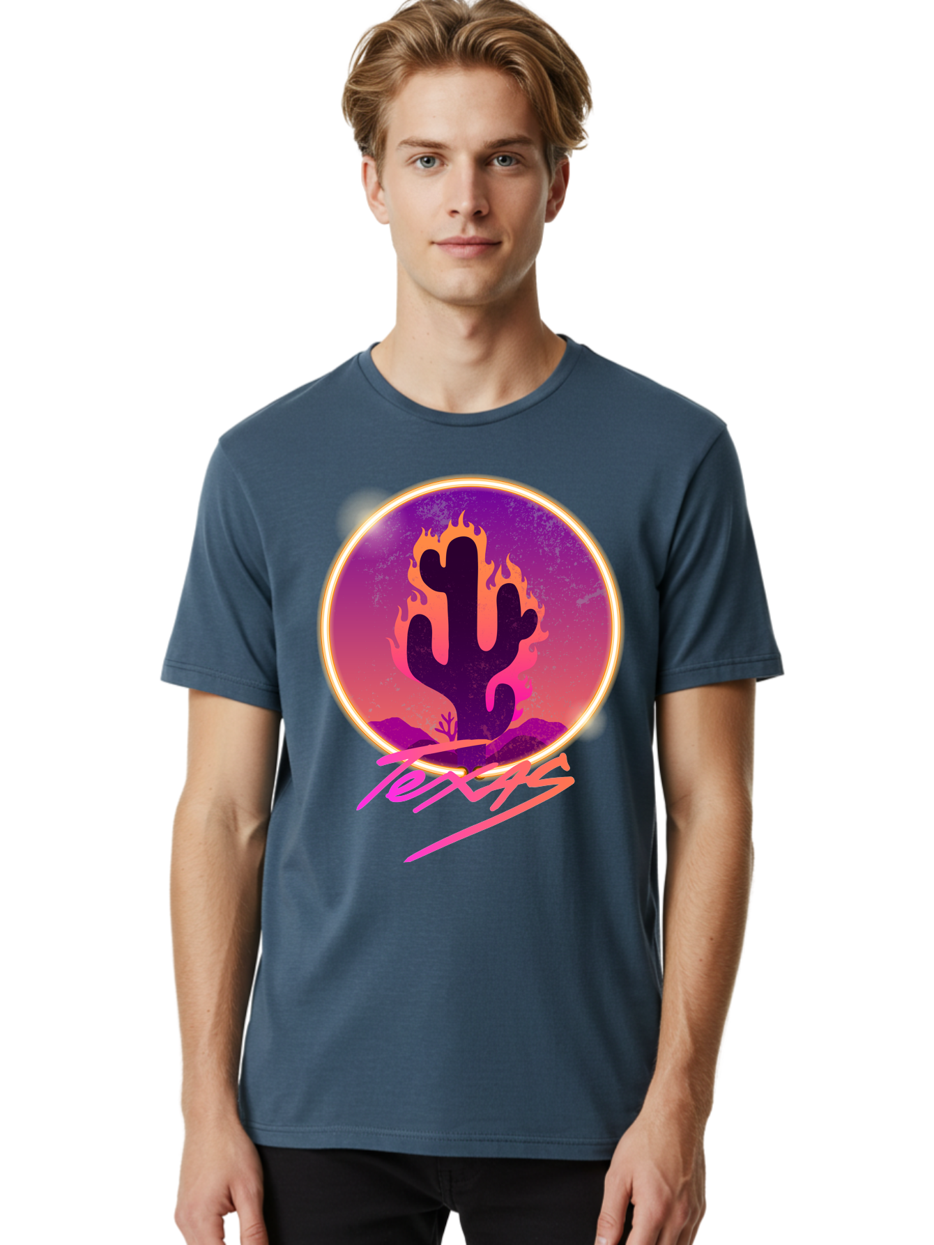 Texas Men'S Graphic Tee, 100% Cotton, Comfortable Casual Summer Wear, Machine Washable, Cactus On Fire, Fiery Desert Landscape, Purple And Orange Gradient, Glowing Effect, Neon Light, Landscape Design, Western Theme, Desert Scenery Aae688