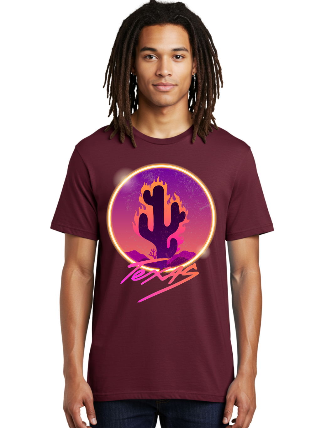 Texas Men'S Graphic Tee, 100% Cotton, Comfortable Casual Summer Wear, Machine Washable, Cactus On Fire, Fiery Desert Landscape, Purple And Orange Gradient, Glowing Effect, Neon Light, Landscape Design, Western Theme, Desert Scenery Aae688