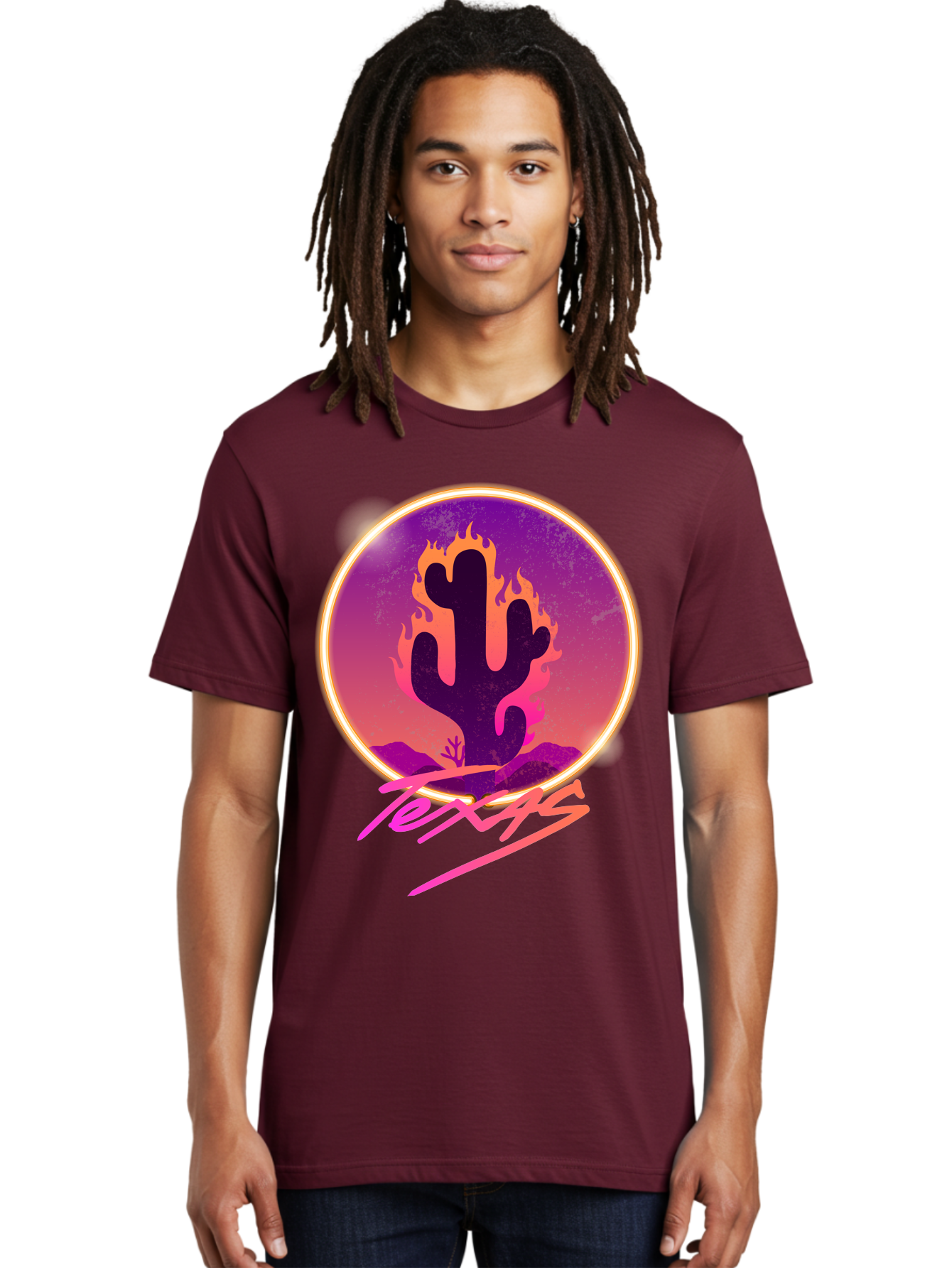Texas Men'S Graphic Tee, 100% Cotton, Comfortable Casual Summer Wear, Machine Washable, Cactus On Fire, Fiery Desert Landscape, Purple And Orange Gradient, Glowing Effect, Neon Light, Landscape Design, Western Theme, Desert Scenery Aae688