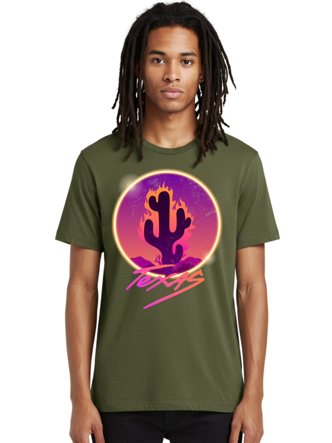 Texas Men'S Graphic Tee, 100% Cotton, Comfortable Casual Summer Wear, Machine Washable, Cactus On Fire, Fiery Desert Landscape, Purple And Orange Gradient, Glowing Effect, Neon Light, Landscape Design, Western Theme, Desert Scenery Aae688