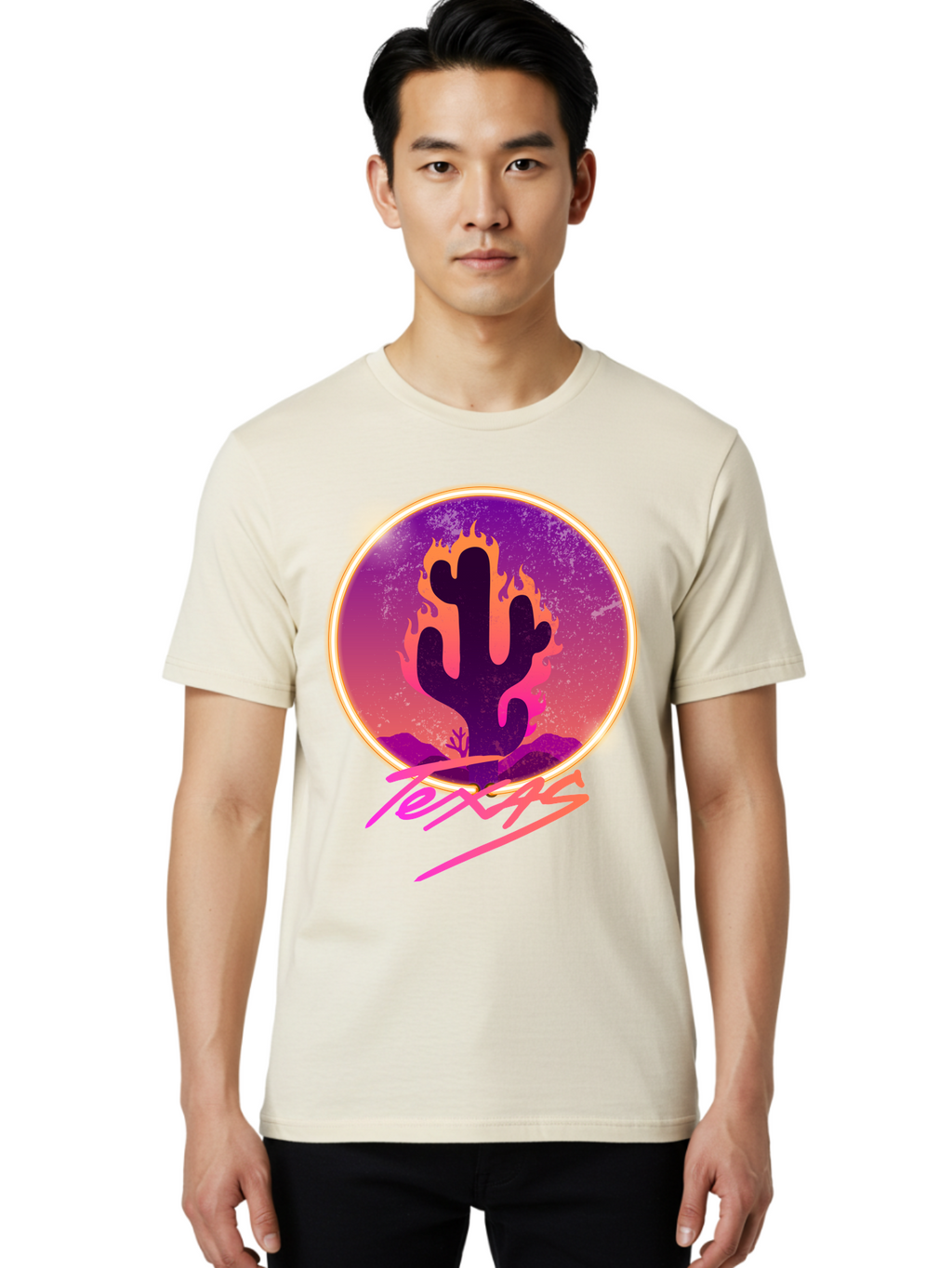 Texas Men'S Graphic Tee, 100% Cotton, Comfortable Casual Summer Wear, Machine Washable, Cactus On Fire, Fiery Desert Landscape, Purple And Orange Gradient, Glowing Effect, Neon Light, Landscape Design, Western Theme, Desert Scenery Aae688