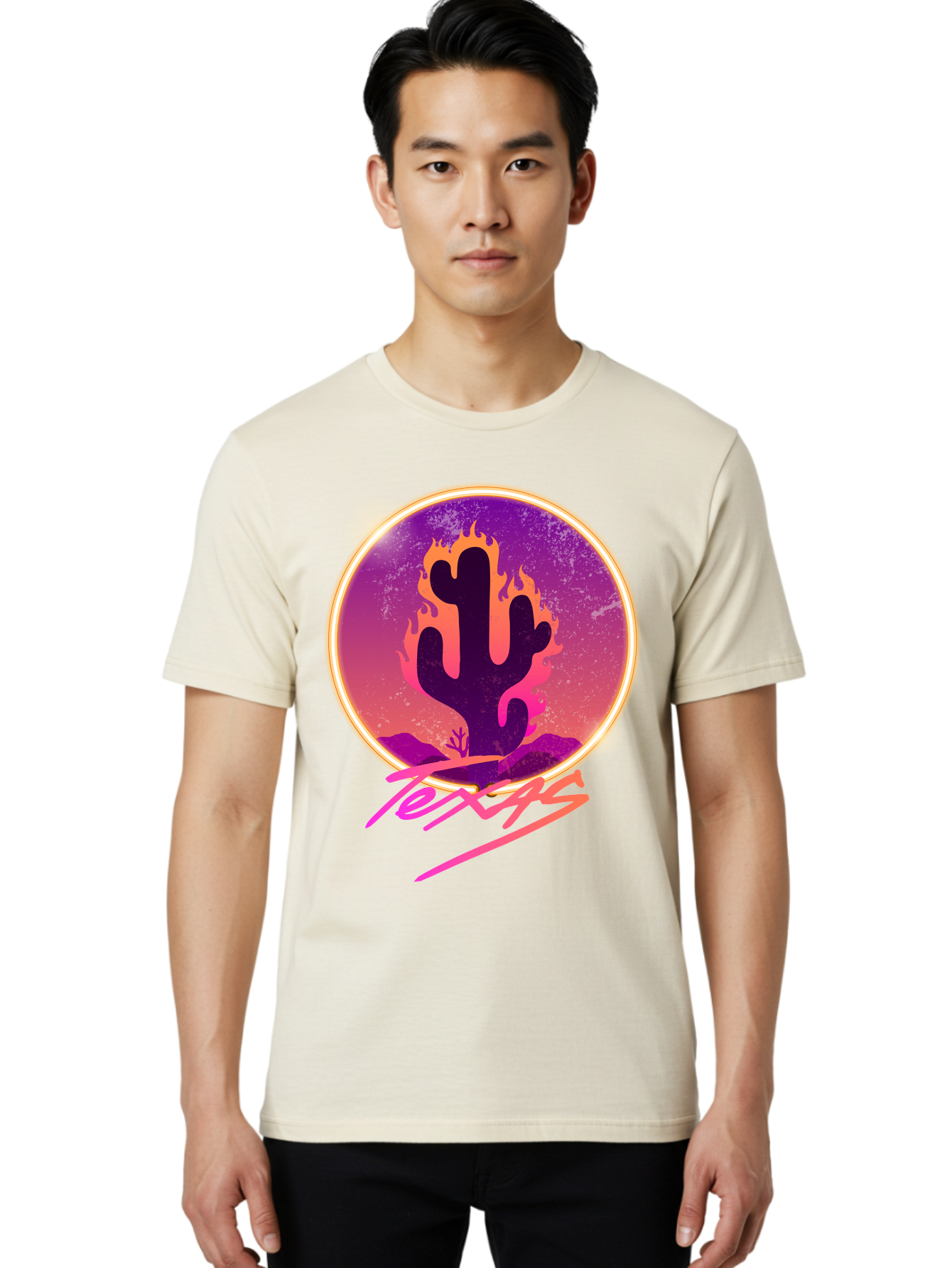 Texas Men'S Graphic Tee, 100% Cotton, Comfortable Casual Summer Wear, Machine Washable, Cactus On Fire, Fiery Desert Landscape, Purple And Orange Gradient, Glowing Effect, Neon Light, Landscape Design, Western Theme, Desert Scenery Aae688