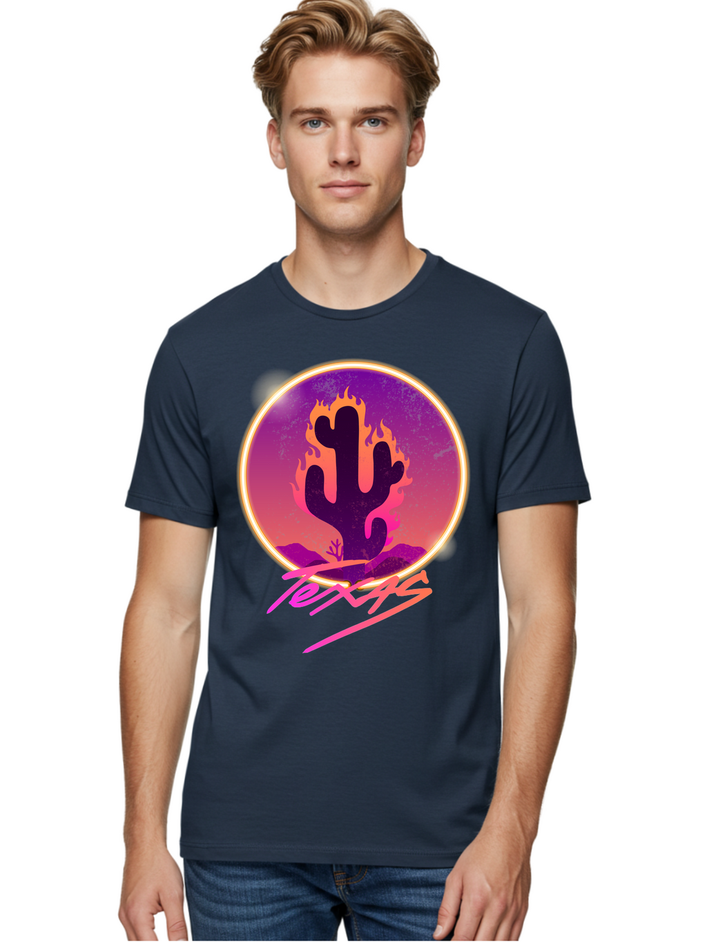 Texas Men'S Graphic Tee, 100% Cotton, Comfortable Casual Summer Wear, Machine Washable, Cactus On Fire, Fiery Desert Landscape, Purple And Orange Gradient, Glowing Effect, Neon Light, Landscape Design, Western Theme, Desert Scenery Aae688