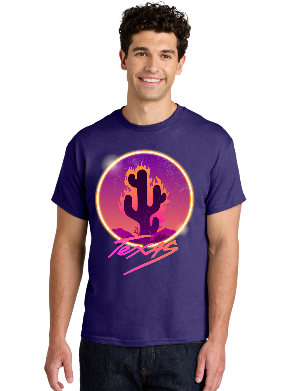 Texas Men'S Graphic Tee, 100% Cotton, Comfortable Casual Summer Wear, Machine Washable, Cactus On Fire, Fiery Desert Landscape, Purple And Orange Gradient, Glowing Effect, Neon Light, Landscape Design, Western Theme, Desert Scenery Aae688