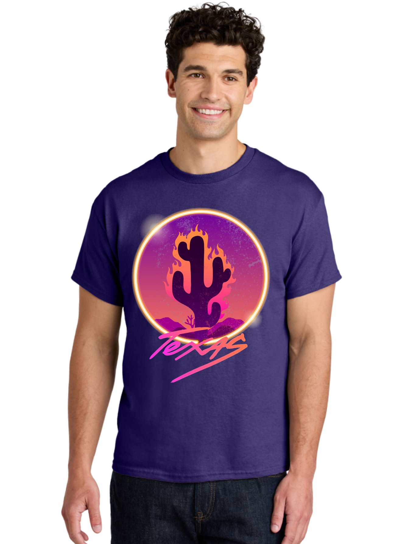 Texas Men'S Graphic Tee, 100% Cotton, Comfortable Casual Summer Wear, Machine Washable, Cactus On Fire, Fiery Desert Landscape, Purple And Orange Gradient, Glowing Effect, Neon Light, Landscape Design, Western Theme, Desert Scenery Aae688