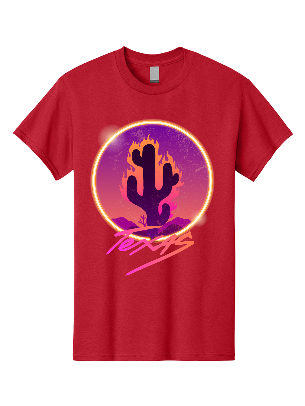 Texas Men'S Graphic Tee, 100% Cotton, Comfortable Casual Summer Wear, Machine Washable, Cactus On Fire, Fiery Desert Landscape, Purple And Orange Gradient, Glowing Effect, Neon Light, Landscape Design, Western Theme, Desert Scenery Aae688