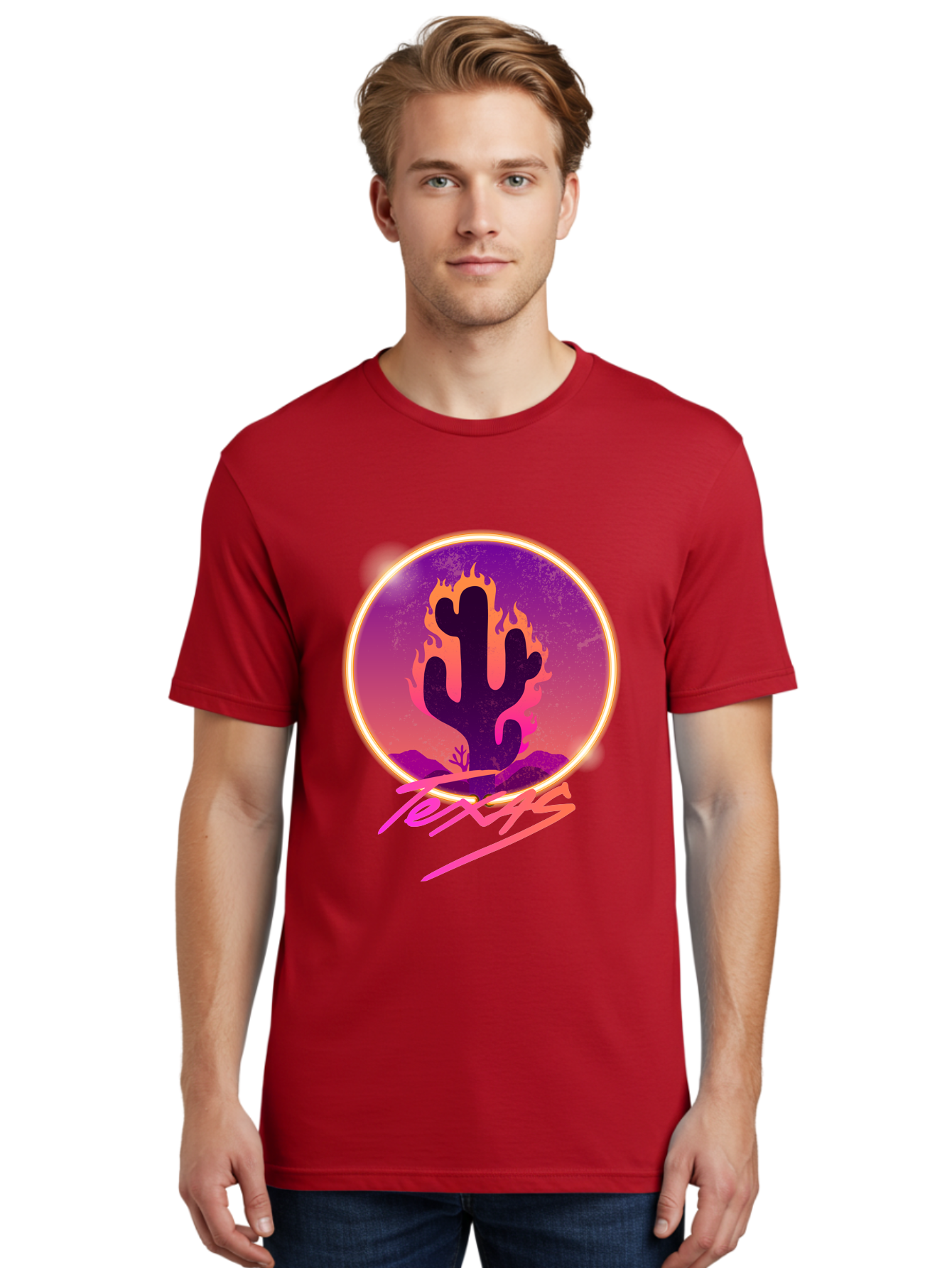 Texas Men'S Graphic Tee, 100% Cotton, Comfortable Casual Summer Wear, Machine Washable, Cactus On Fire, Fiery Desert Landscape, Purple And Orange Gradient, Glowing Effect, Neon Light, Landscape Design, Western Theme, Desert Scenery Aae688