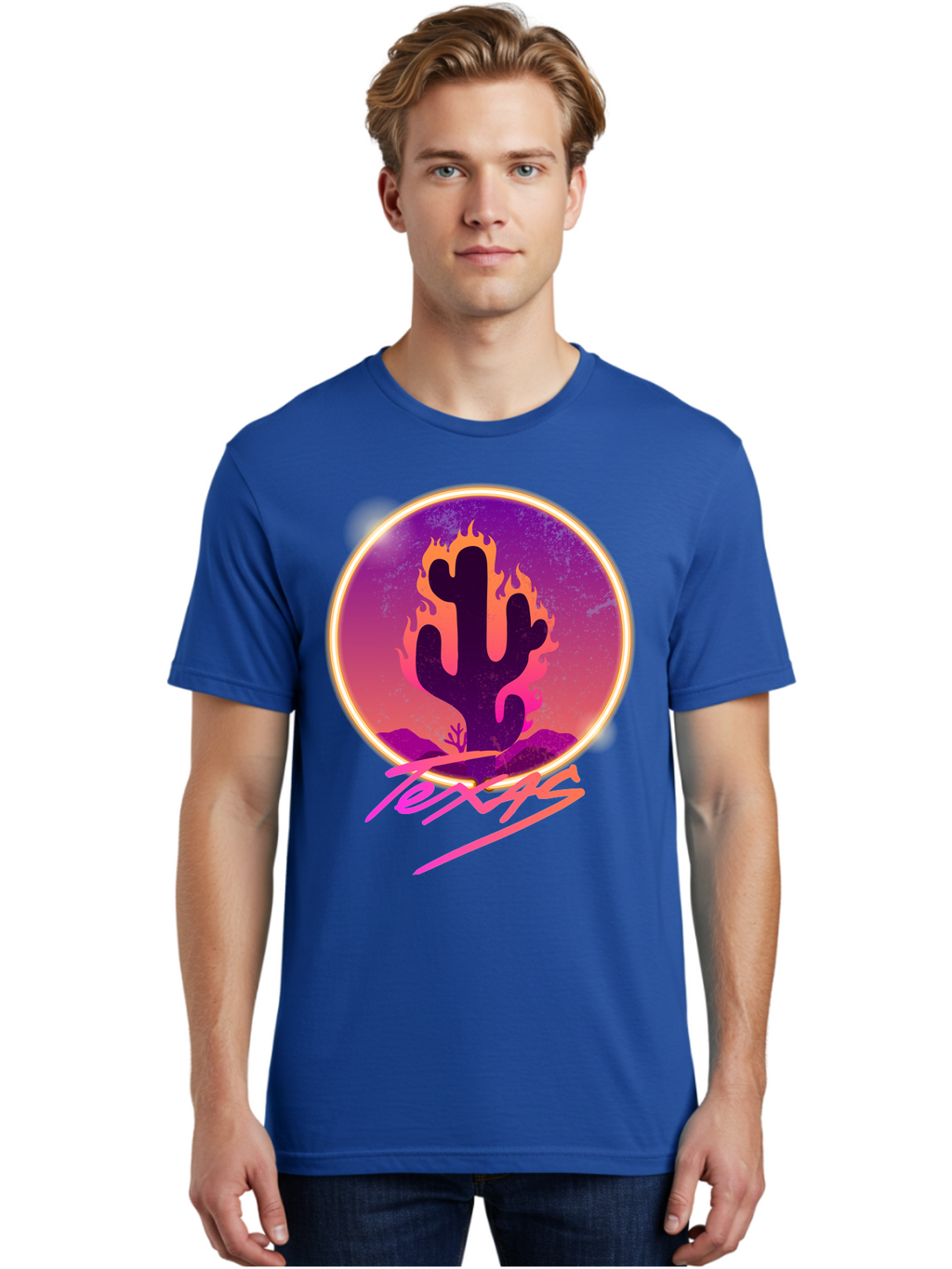 Texas Men'S Graphic Tee, 100% Cotton, Comfortable Casual Summer Wear, Machine Washable, Cactus On Fire, Fiery Desert Landscape, Purple And Orange Gradient, Glowing Effect, Neon Light, Landscape Design, Western Theme, Desert Scenery Aae688