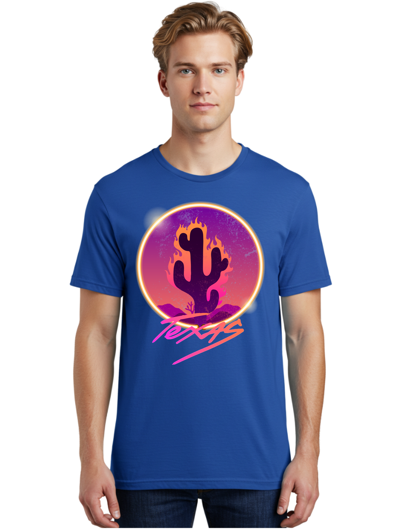 Texas Men'S Graphic Tee, 100% Cotton, Comfortable Casual Summer Wear, Machine Washable, Cactus On Fire, Fiery Desert Landscape, Purple And Orange Gradient, Glowing Effect, Neon Light, Landscape Design, Western Theme, Desert Scenery Aae688