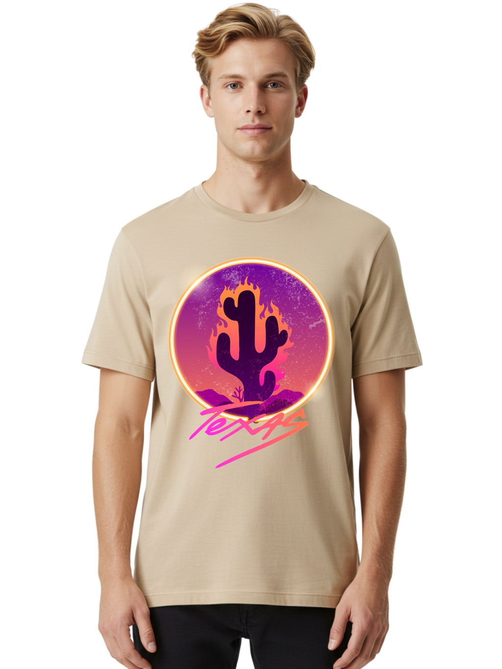 Texas Men'S Graphic Tee, 100% Cotton, Comfortable Casual Summer Wear, Machine Washable, Cactus On Fire, Fiery Desert Landscape, Purple And Orange Gradient, Glowing Effect, Neon Light, Landscape Design, Western Theme, Desert Scenery Aae688
