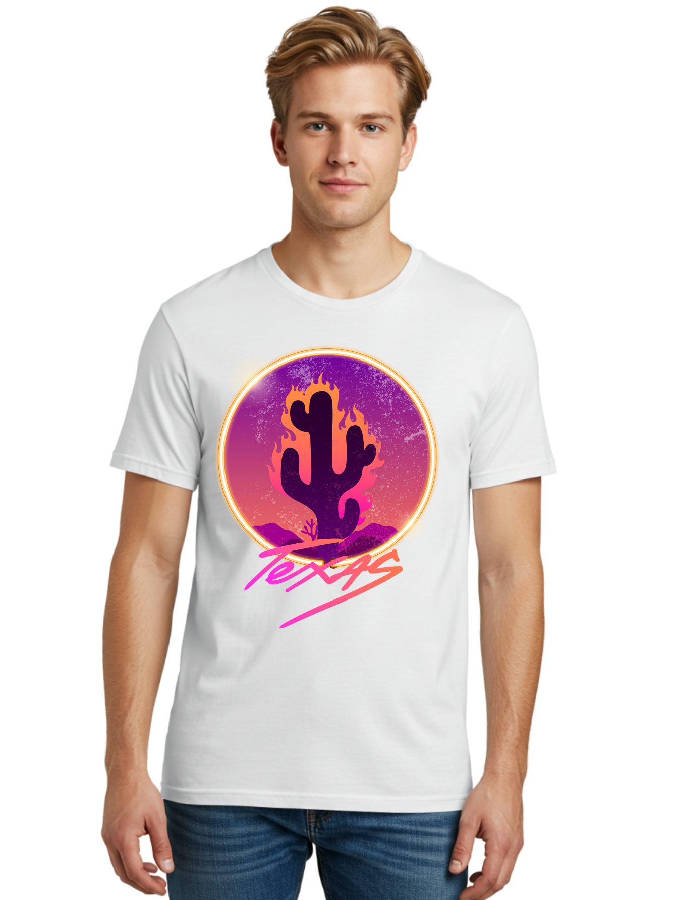 Texas Men'S Graphic Tee, 100% Cotton, Comfortable Casual Summer Wear, Machine Washable, Cactus On Fire, Fiery Desert Landscape, Purple And Orange Gradient, Glowing Effect, Neon Light, Landscape Design, Western Theme, Desert Scenery Aae688