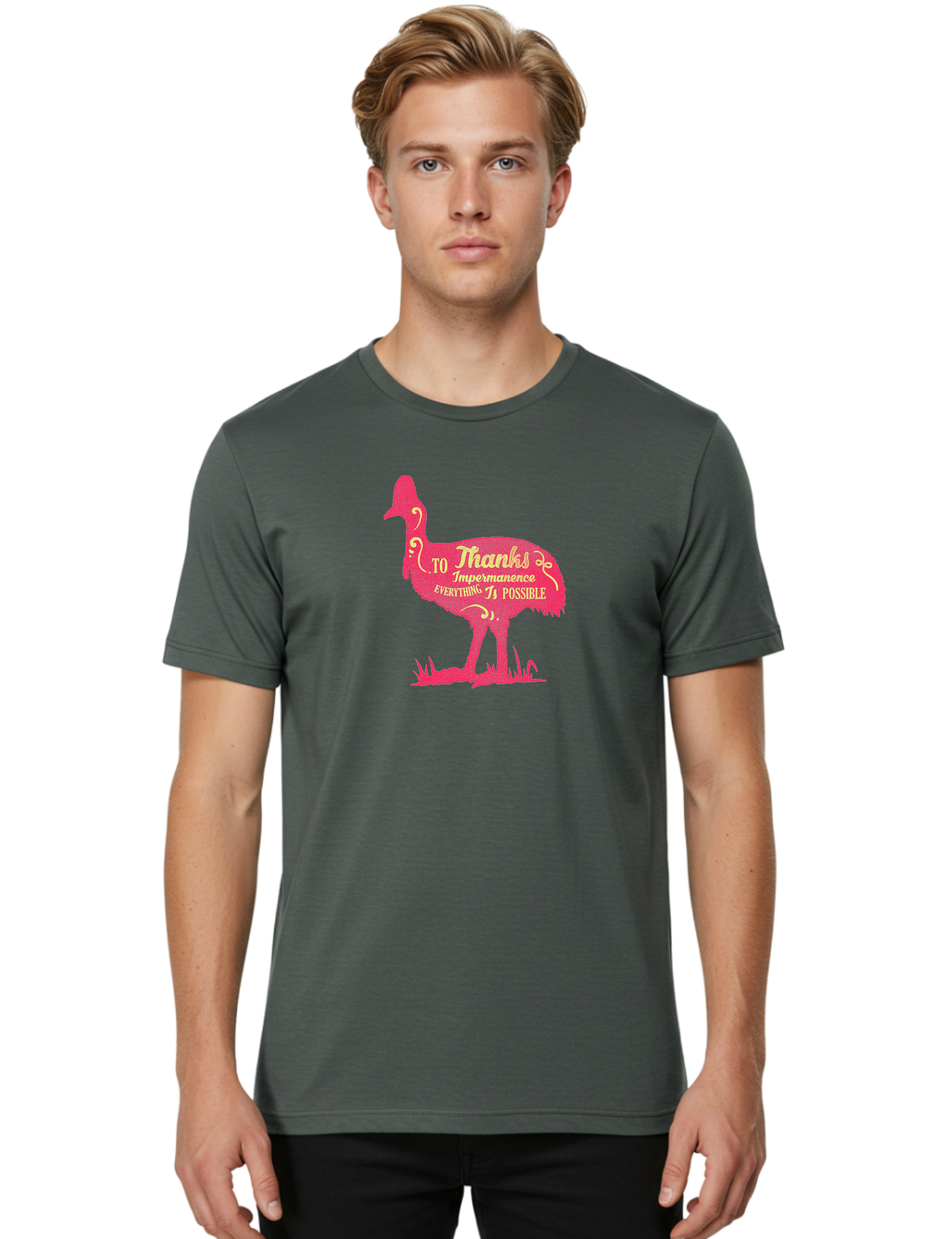 Thanks To Impermanence Men'S Graphic Tee, 100% Cotton, Comfortable Casual Summer Wear, Machine Washable, Stylized Bird Silhouette, Motivational Quote, Inspirational Text, Thanks To Impermanence Everything Is Possible, Creative Typography, Aae689