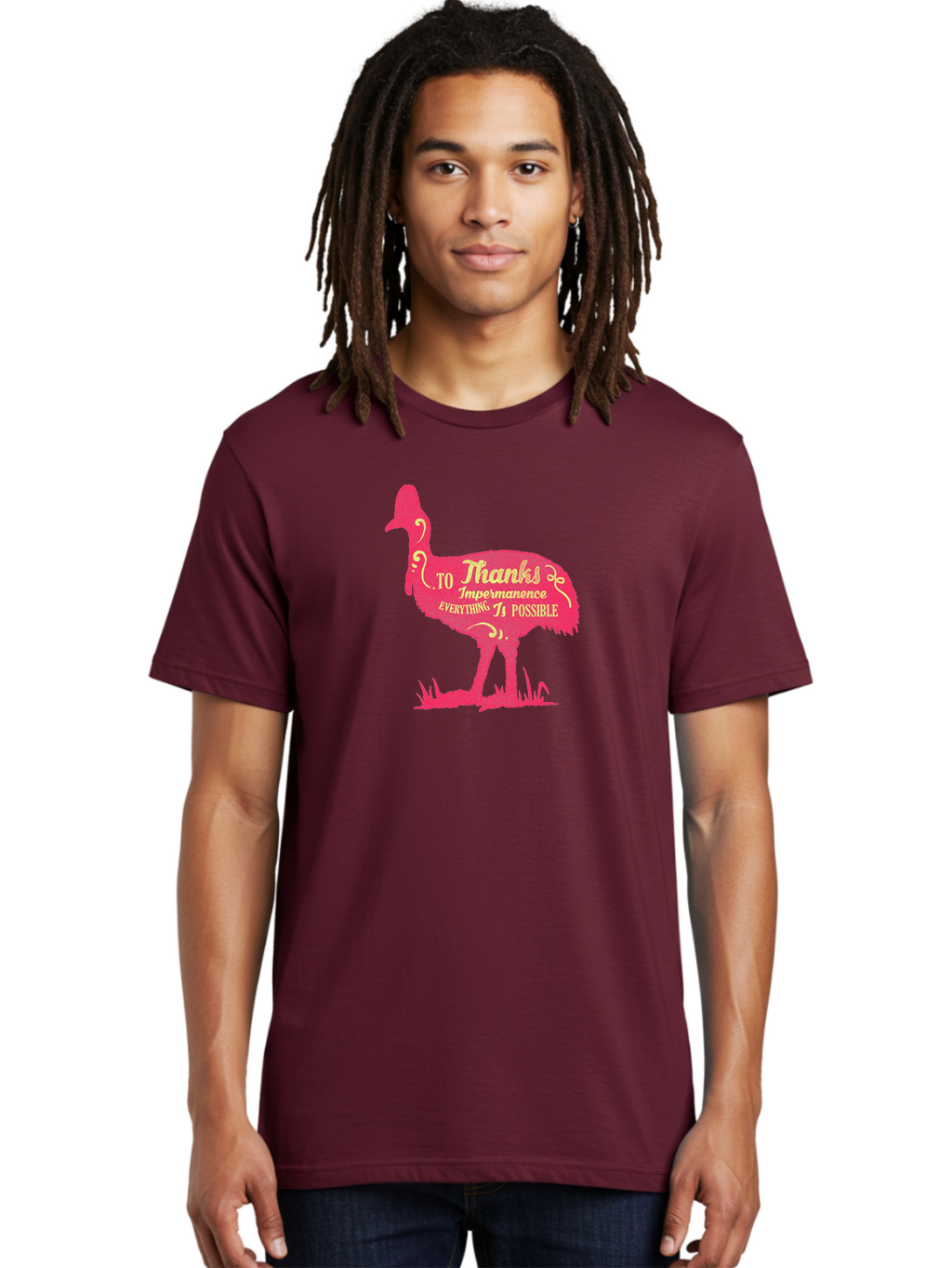 Thanks To Impermanence Men'S Graphic Tee, 100% Cotton, Comfortable Casual Summer Wear, Machine Washable, Stylized Bird Silhouette, Motivational Quote, Inspirational Text, Thanks To Impermanence Everything Is Possible, Creative Typography, Aae689