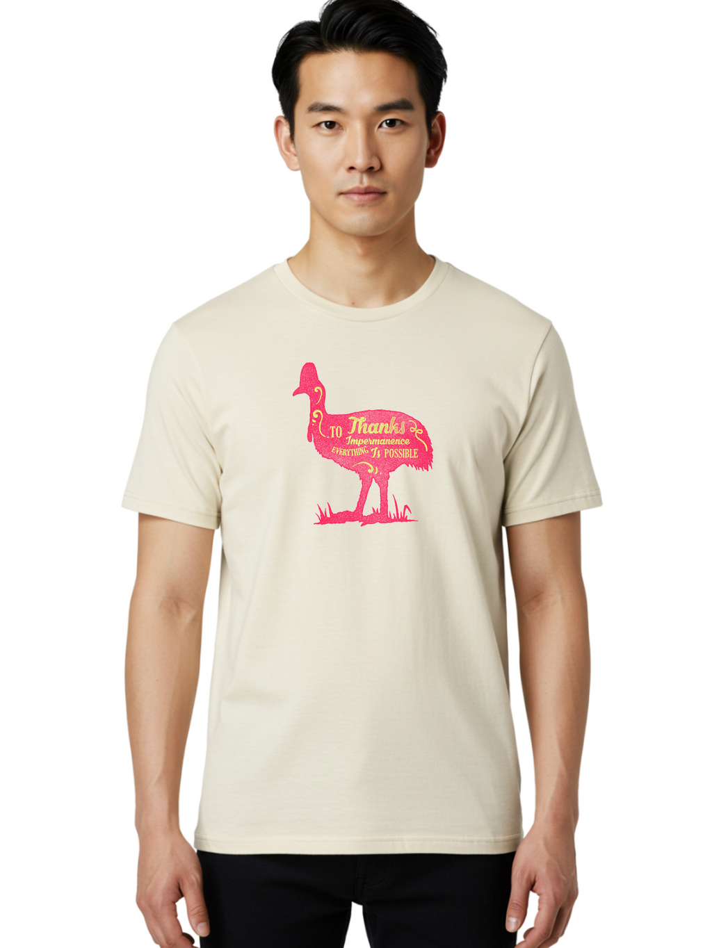 Thanks To Impermanence Men'S Graphic Tee, 100% Cotton, Comfortable Casual Summer Wear, Machine Washable, Stylized Bird Silhouette, Motivational Quote, Inspirational Text, Thanks To Impermanence Everything Is Possible, Creative Typography, Aae689