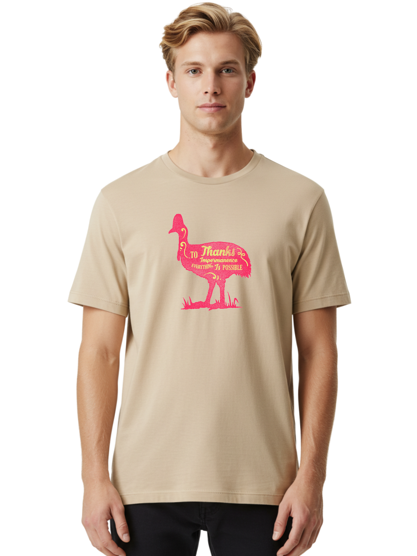 Thanks To Impermanence Men'S Graphic Tee, 100% Cotton, Comfortable Casual Summer Wear, Machine Washable, Stylized Bird Silhouette, Motivational Quote, Inspirational Text, Thanks To Impermanence Everything Is Possible, Creative Typography, Aae689