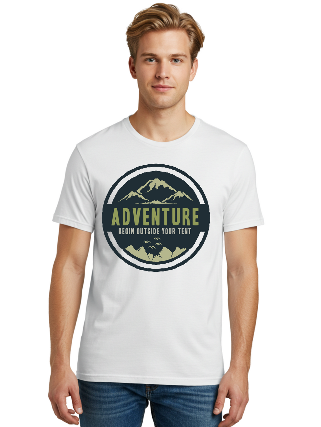 The Adventure Begin Men'S Graphic Tee, 100% Cotton, Comfortable Casual Summer Wear, Machine Washable, Outdoor Adventure, Camping Inspiration, Mountain Landscapes, Wilderness Exploration, Adventure Travel, Nature Escapades, Hiking Motivation, Aae691