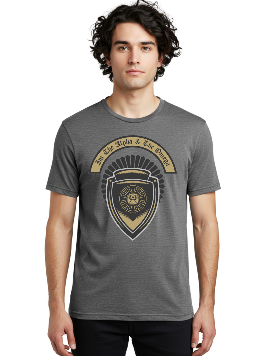 The Alpha And The Omega Men'S Graphic Tee, 100% Cotton, Comfortable Casual Summer Wear, Machine Washable, Shield Logo, Gold And Black Design, Symbolic Emblem, Mystical Symbol, Spiritual Icon, Alpha Symbol, Omega Phrase, Sacred Geometry, Aae692