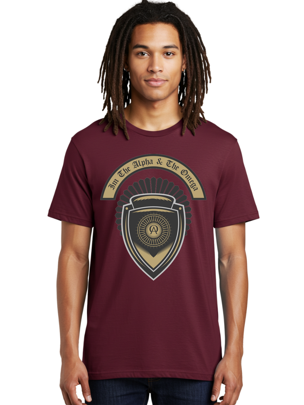 The Alpha And The Omega Men'S Graphic Tee, 100% Cotton, Comfortable Casual Summer Wear, Machine Washable, Shield Logo, Gold And Black Design, Symbolic Emblem, Mystical Symbol, Spiritual Icon, Alpha Symbol, Omega Phrase, Sacred Geometry, Aae692