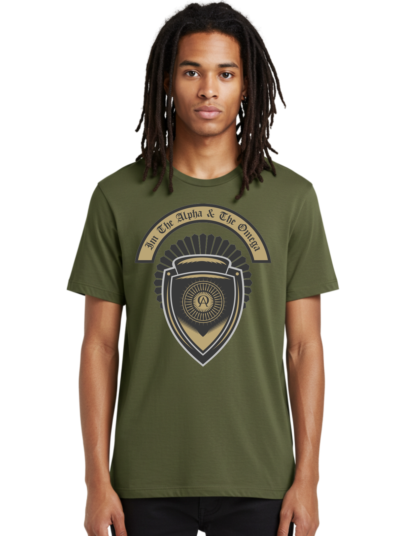 The Alpha And The Omega Men'S Graphic Tee, 100% Cotton, Comfortable Casual Summer Wear, Machine Washable, Shield Logo, Gold And Black Design, Symbolic Emblem, Mystical Symbol, Spiritual Icon, Alpha Symbol, Omega Phrase, Sacred Geometry, Aae692