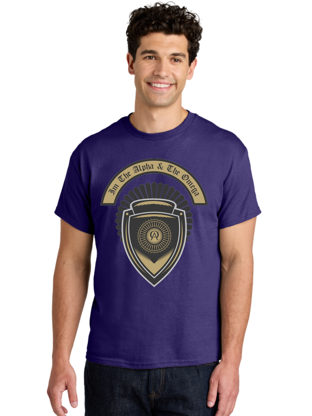 The Alpha And The Omega Men'S Graphic Tee, 100% Cotton, Comfortable Casual Summer Wear, Machine Washable, Shield Logo, Gold And Black Design, Symbolic Emblem, Mystical Symbol, Spiritual Icon, Alpha Symbol, Omega Phrase, Sacred Geometry, Aae692
