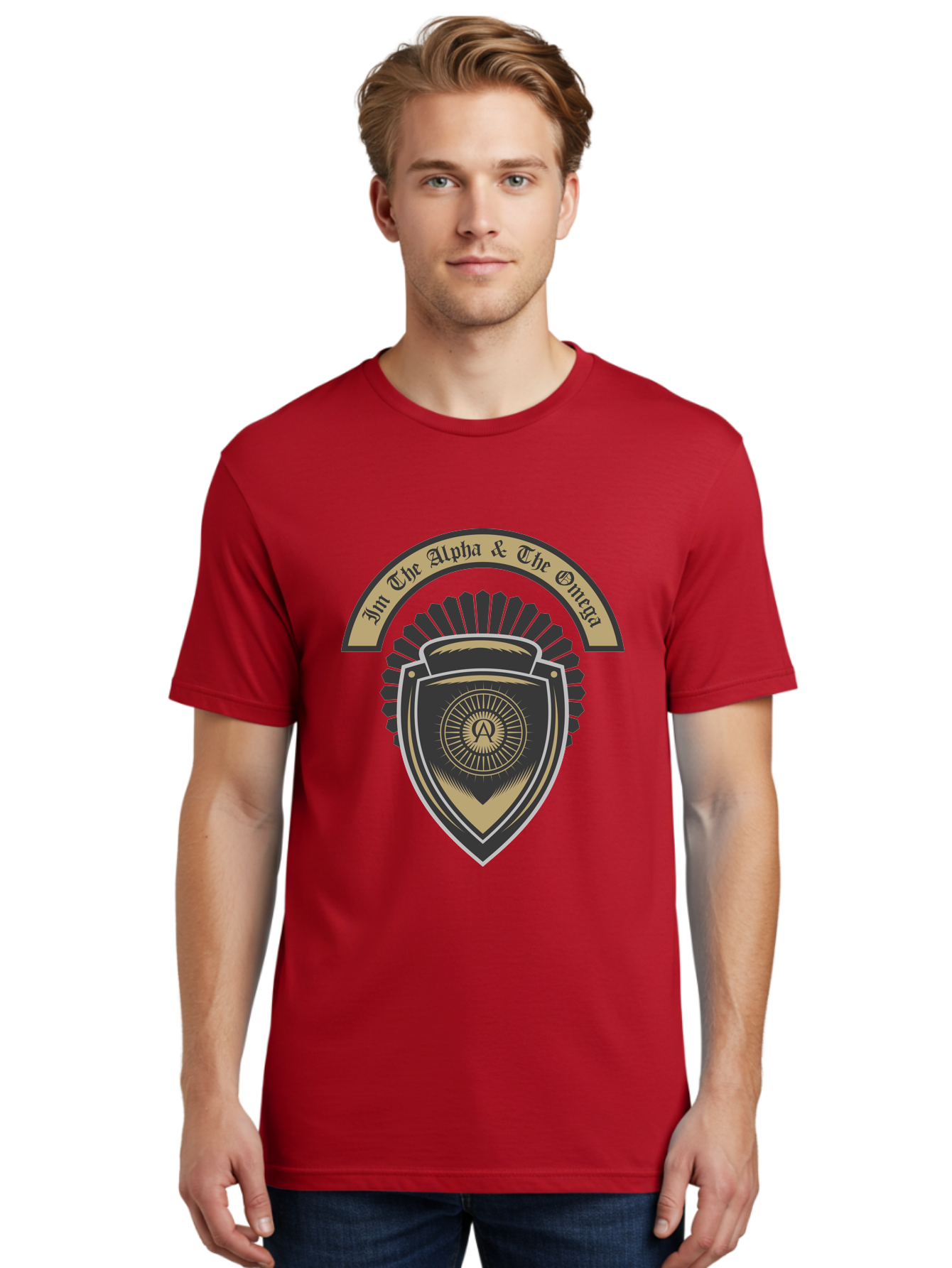 The Alpha And The Omega Men'S Graphic Tee, 100% Cotton, Comfortable Casual Summer Wear, Machine Washable, Shield Logo, Gold And Black Design, Symbolic Emblem, Mystical Symbol, Spiritual Icon, Alpha Symbol, Omega Phrase, Sacred Geometry, Aae692