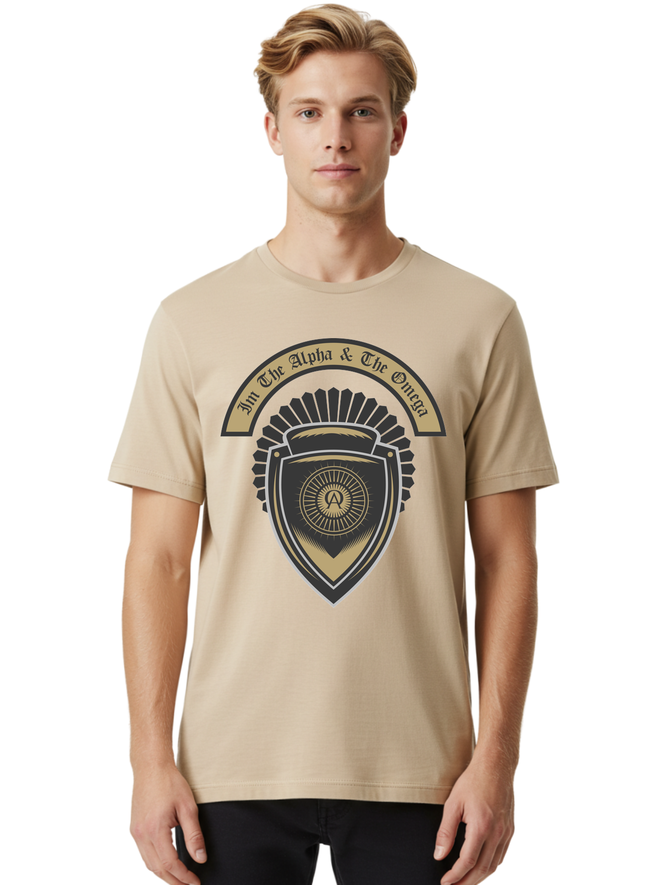 The Alpha And The Omega Men'S Graphic Tee, 100% Cotton, Comfortable Casual Summer Wear, Machine Washable, Shield Logo, Gold And Black Design, Symbolic Emblem, Mystical Symbol, Spiritual Icon, Alpha Symbol, Omega Phrase, Sacred Geometry, Aae692