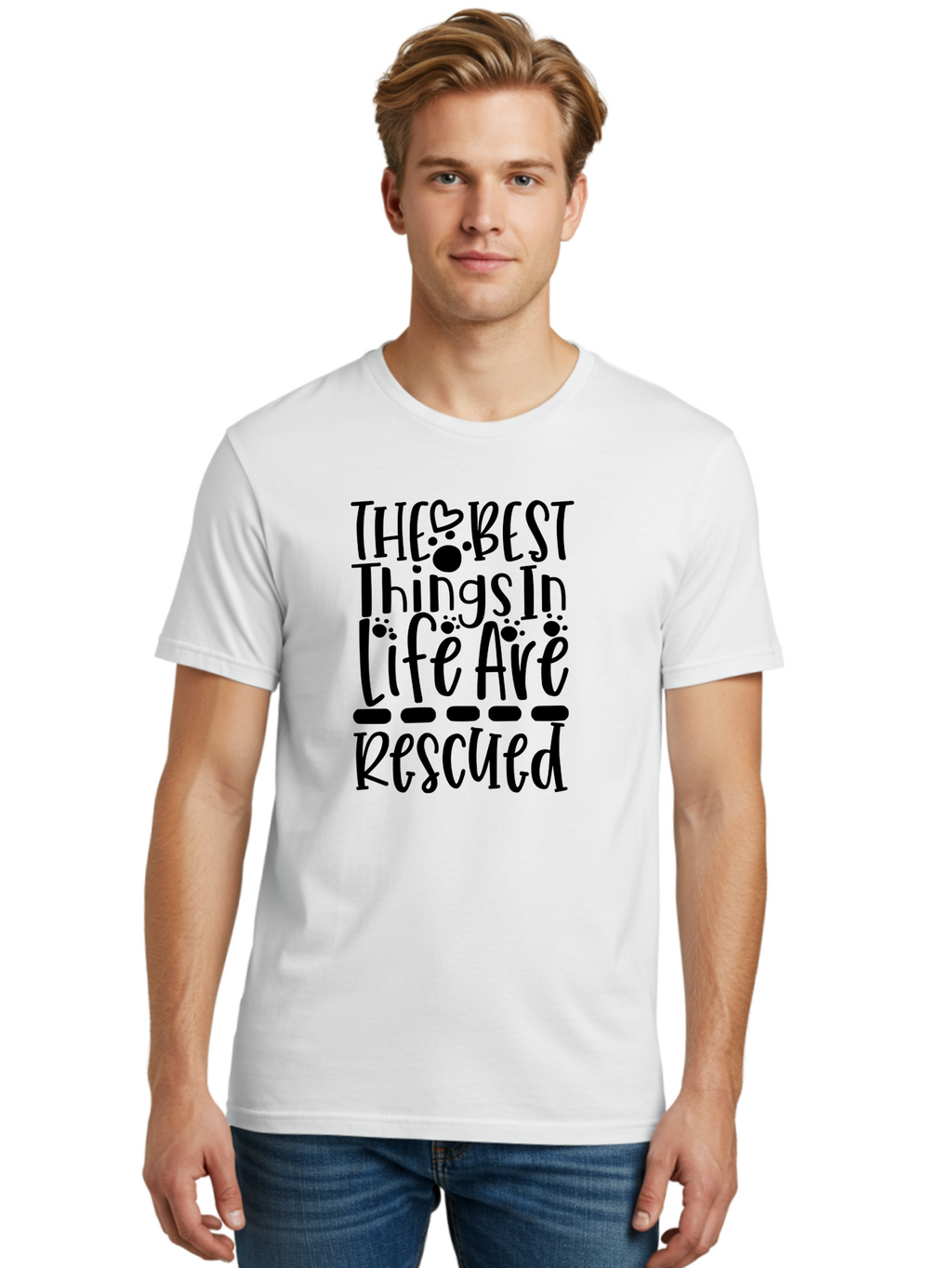 The Best Things In Life Are Rescued Men'S Graphic Tee, 100% Cotton, Comfortable Casual Summer Wear, Machine Washable, Animal Rescue, Rescue Pets, Adopt Don'T Shop, Pet Love, Animal Lovers, Inspiring Quotes, Heartwarming Messages, Paw Prints Aae695