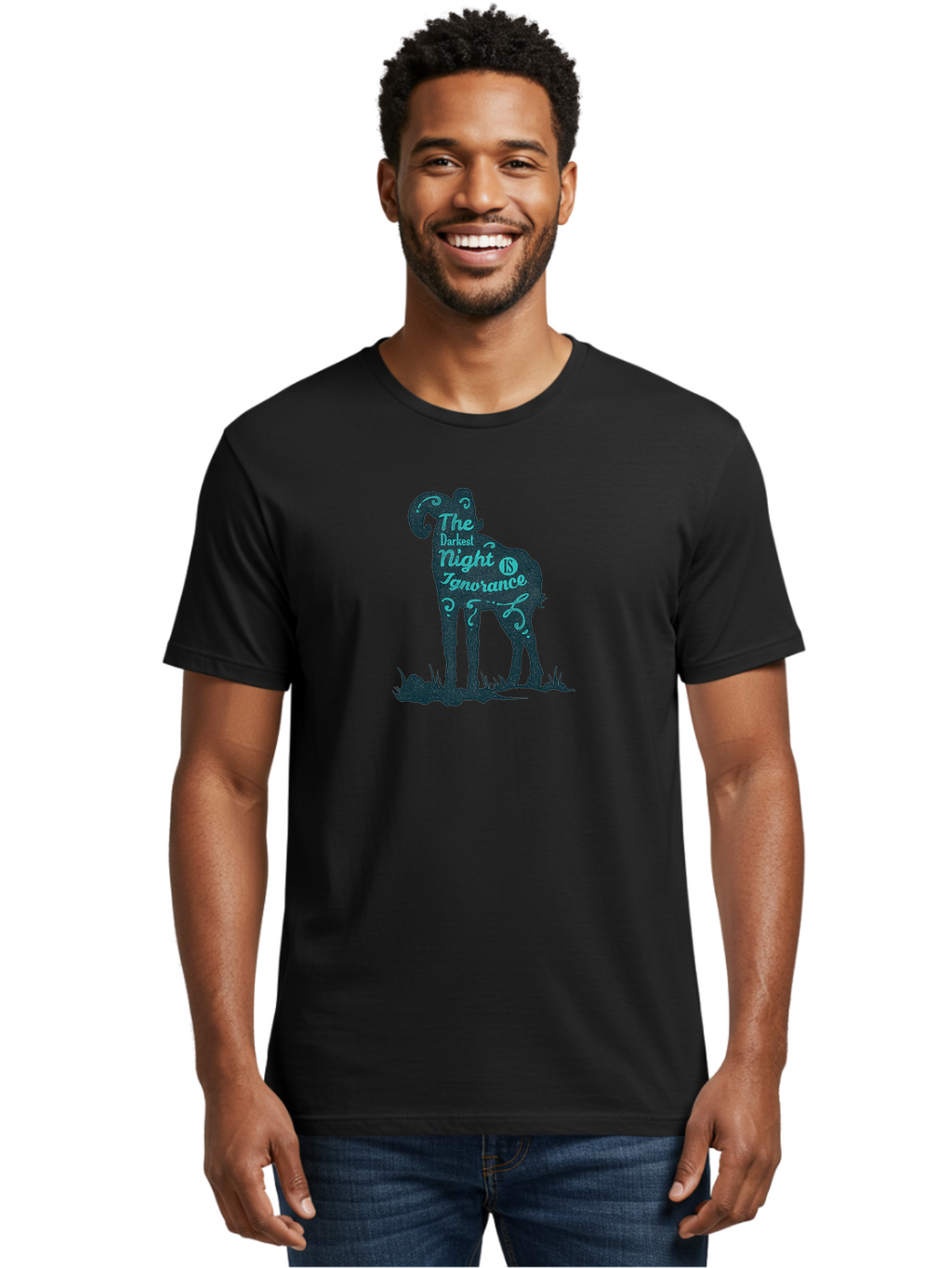 The Darkest Night Men'S Graphic Tee, 100% Cotton, Comfortable Casual Summer Wear, Machine Washable, Ram Silhouette, Inspirational Quote, Typography Art, Motivational Words, Dark Mode, Abstract Design, Symbolic Animal Aae700