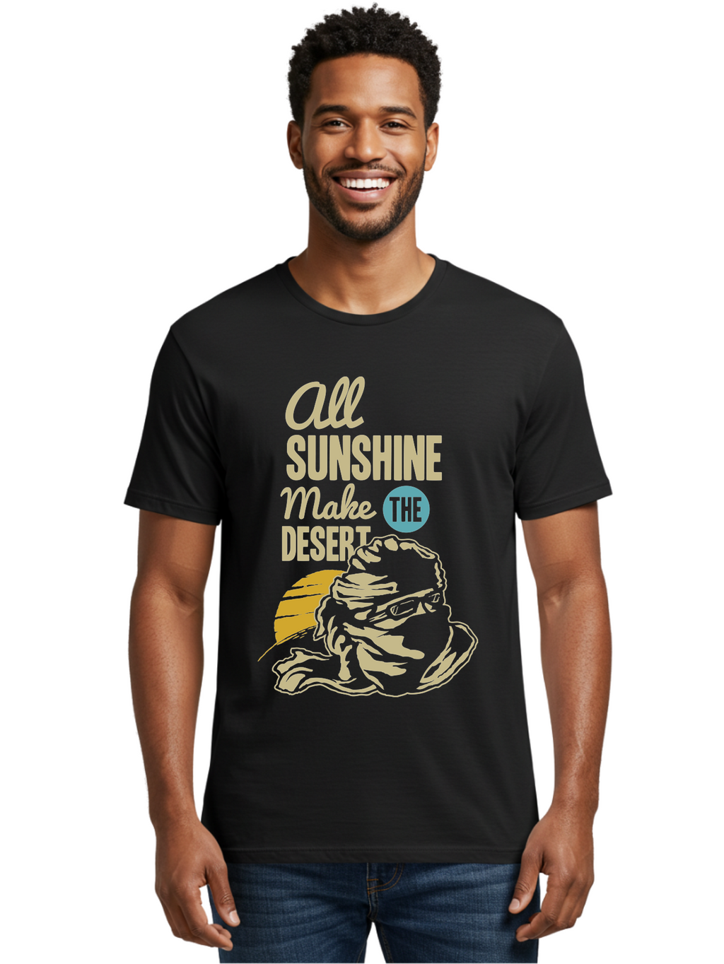 The Desert Men'S Graphic Tee, 100% Cotton, Comfortable Casual Summer Wear, Machine Washable, Inspirational Quote, Desert Theme, Sunshine, Frog Illustration, Desert Landscape, Motivational Message, Fun Design, Quirky Art, Summer Vibes, Aae701